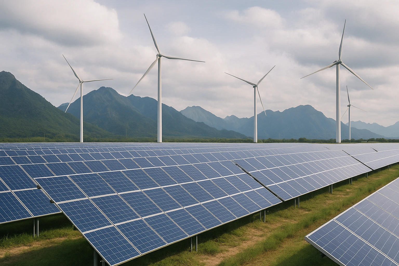 Creation by 기가포스트: This high-res image showcases a serene renewable energy landscape in China, where rows of solar panels stretch across the foreground, leading toward wind turbines that tower in the distance against a rugged, green mountain backdrop. The composition captures the harmonious blend of technology and nature, with vibrant blue skies, lush greenery, and the sleek white turbines, offering a powerful visual of sustainable energy amidst scenic rugged terrain.