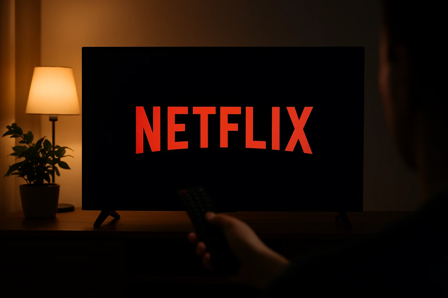 Creation by gigaposts: In this dimly lit living room, a sleek TV displays the bold red "NETFLIX" logo against a black backdrop, with a warm lamp casting a soft glow on a nearby potted plant. A remote control is grasped in the foreground, with the viewer's blurred silhouette partially visible, as a balance of warm and cool lights creates depth and interest in the scene.