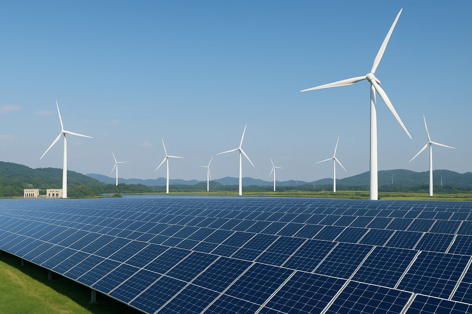 Creation by 제트라이브: A wide landscape showing a large-scale renewable energy facility. In the foreground, rows of solar panels are aligned symmetrically. Behind them, several white wind turbines are evenly spaced, rotating gently. In the far background, a small hydroelectric power station is nestled among green hills. The sky is clear with scattered clouds, creating a clean and optimistic atmosphere. No people or text are present in the scene.