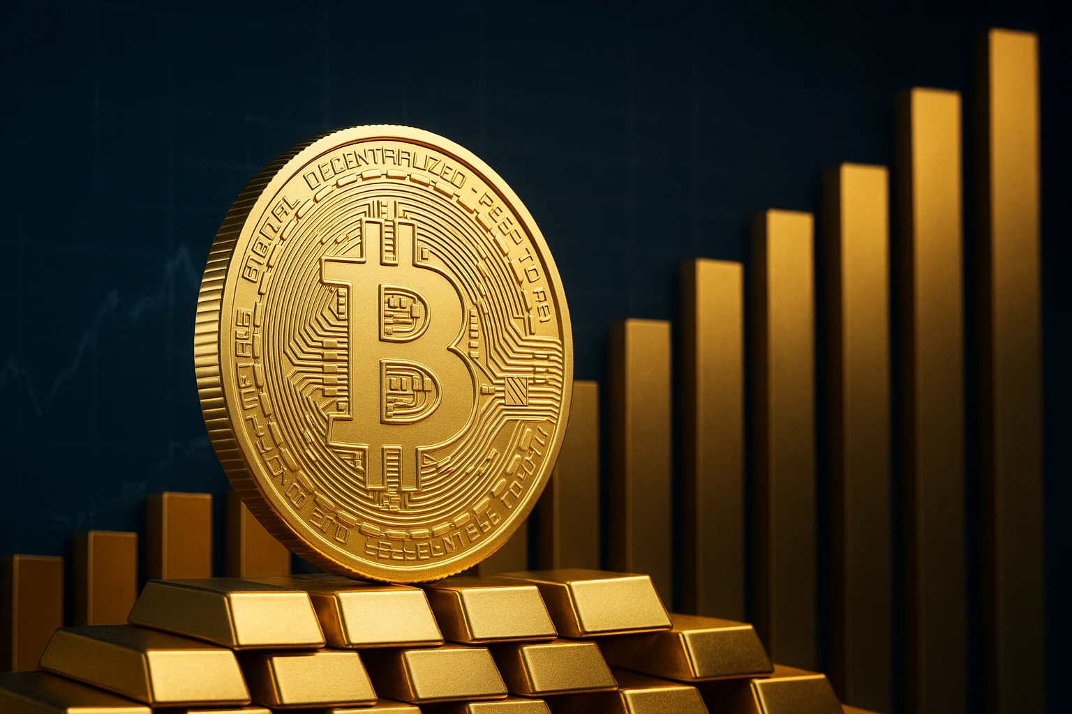 Creation by zlive: A vibrant 3D digital rendering showcases a prominent, golden Bitcoin coin resting atop neatly stacked gold bars. The coin’s intricate details include the Bitcoin symbol and engraved inscriptions, while the background features a financial bar chart with golden columns rising from left to right, all illuminated by soft, warm lighting that enhances the reflective surfaces of both the coin and bars.