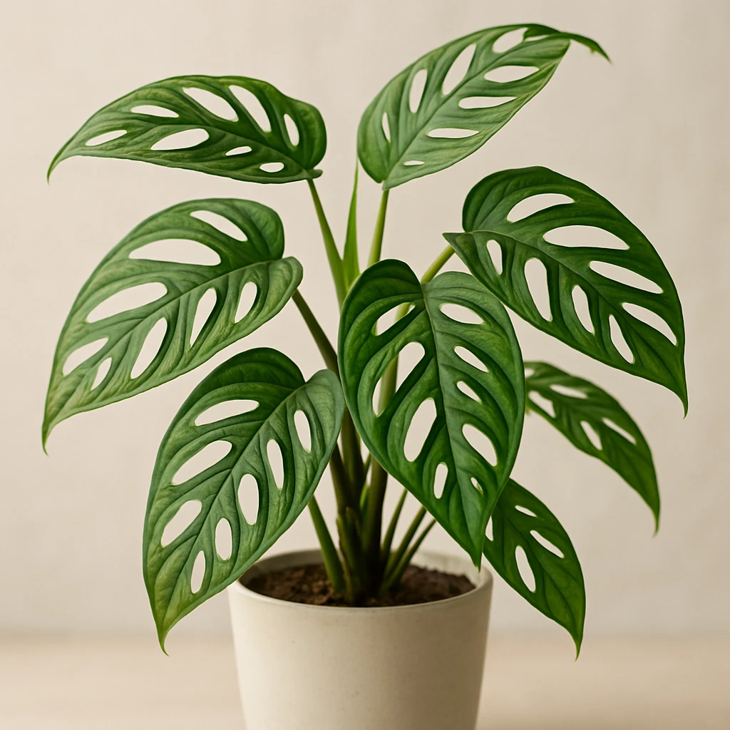 Creation by 아임플랜츠: The close-up image captures the Monstera adansonii, or Swiss cheese plant, in an off-white ceramic pot with smooth, matte finish, sitting slightly to the left against a soft beige background. Its deep green, fenestrated leaves stretch upwards and curve, showing off their glossy texture and graceful shape, while the neutral tones of the pot and background highlight the plant's vibrant beauty.