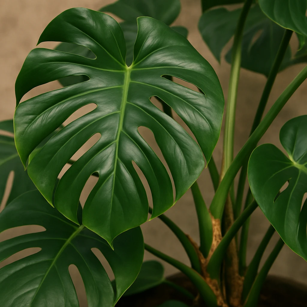 Creation by plants.im: The photo highlights the intricate details of a Monstera deliciosa plant, focusing on its glossy, dark green leaves with characteristic holes and splits. The sharpness of the central leaf emphasizes its deep fenestrations, while a soft green aerial root contrasts with the vibrant foliage, set against a warm, blurred background.