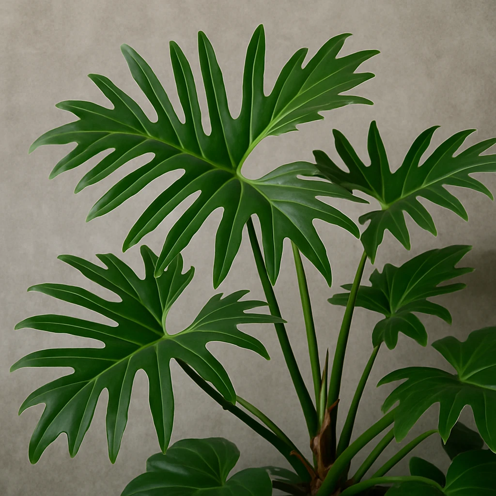 Creation by plants.im: This image showcases a vibrant Philodendron mayoi with glossy, deep green, lobed leaves set against a textured gray wall. The close-up shot emphasizes the intricate vein patterns and light reflections on the leaves, while the soft lighting and blurred background accentuate the plant's striking contrast with the muted backdrop.
