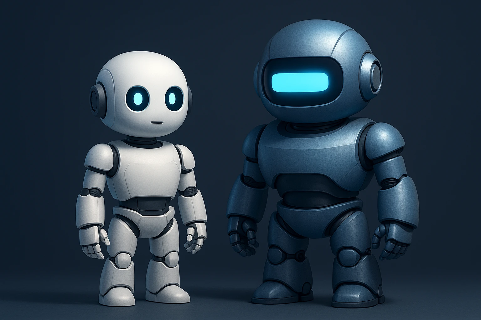 Creation by 워드프레시브: This 3D digital artwork depicts two anthropomorphic robots positioned side by side against a dark gradient backdrop that deepens towards the top. The robot on the left has a human-like form with smooth white features and glowing blue eyes, while the more advanced robot on the right boasts a bulkier metallic blue-gray design, with a single large oval glowing eye, both sharing a reflective surface beneath their feet.