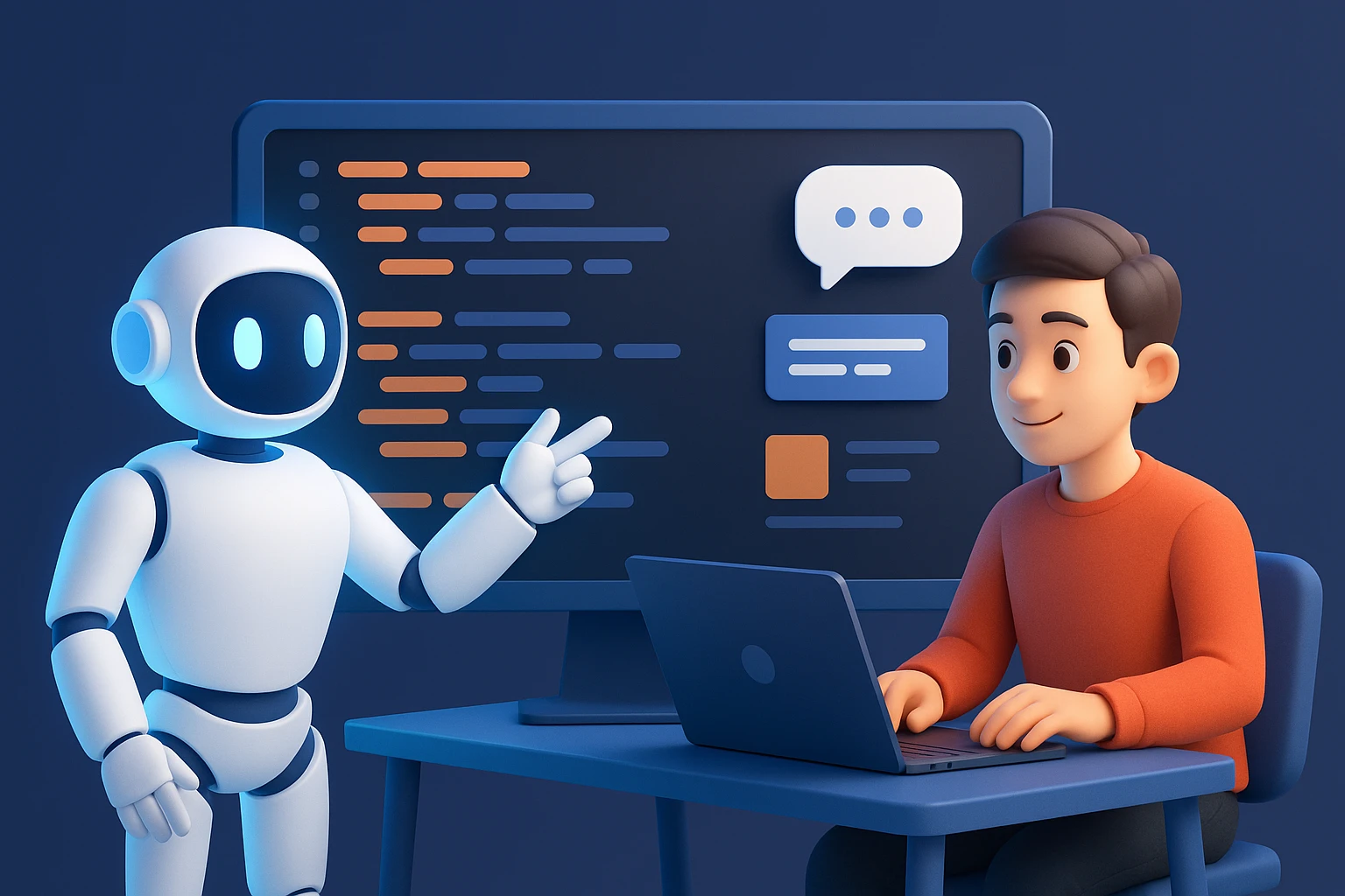 Creation by wordpressive: The illustration depicts a young male developer and a friendly AI robot working together on coding, seated in front of a large monitor that displays colorful lines of code. The pair, one on the right at a blue desk and the other on the left with a glowing white body, are surrounded by a harmonious color palette of blues, oranges, and whites, with soft lighting and deep clarity throughout the image.