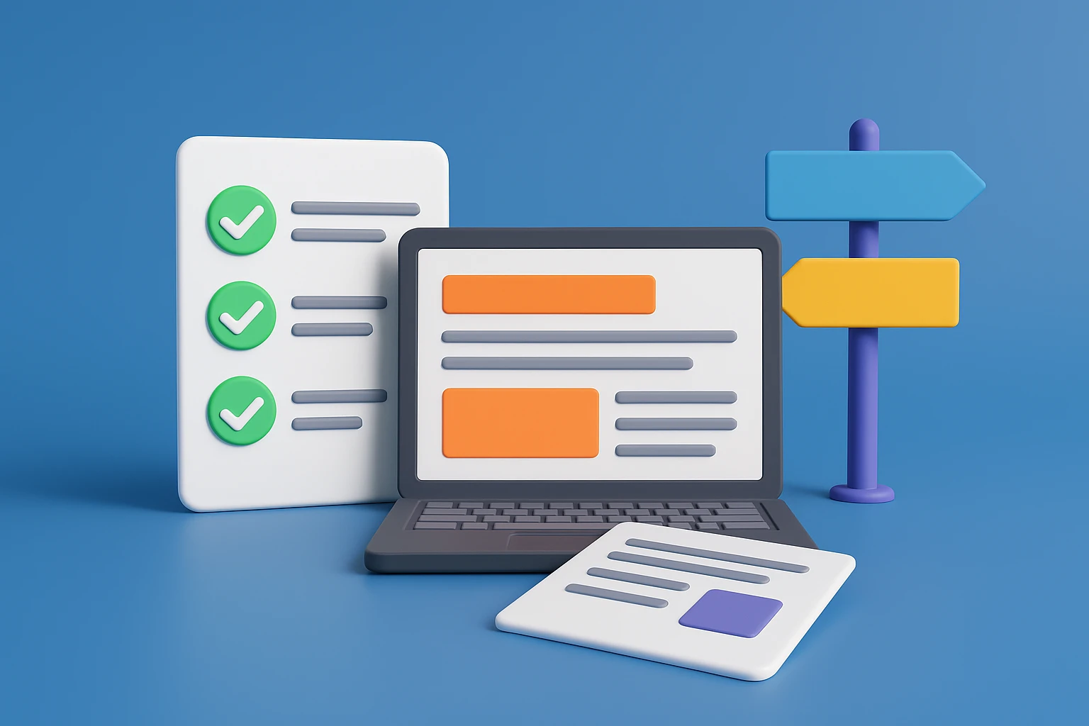 Creation by wordpressive: This 3D digital illustration showcases a laptop, a checklist, directional signpost, and a loose document against a solid blue backdrop that subtly fades from dark to light. The scene is presented with clear, defined elements, including the laptop with an open document displaying text, a standing checklist on the left with green checkmarks, and a colorful signpost on the right, all lit by soft, even lighting that highlights the harmonious color balance.