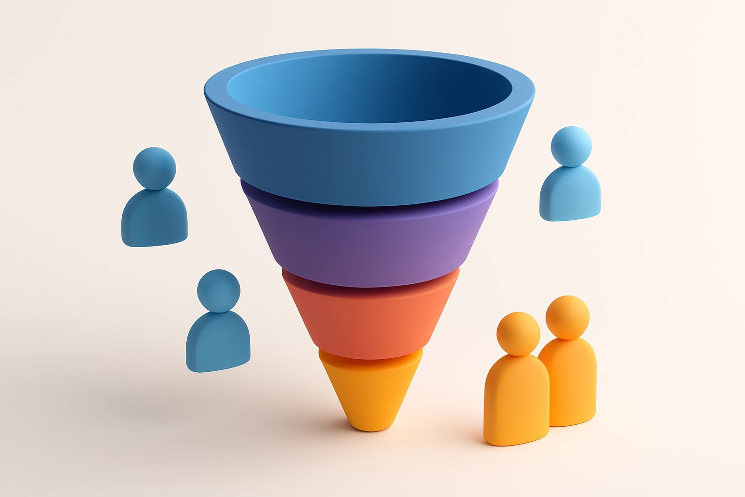 Creation by wordpressive: This 3D-rendered visual showcases a funnel-shaped diagram consisting of four stacked, conical sections in blue, purple, orange, and yellow. The scene is complemented by simple humanoid figures at different points around the funnel, contributing to the balanced composition with soft, even lighting that enhances the overall clarity and depth of the image.