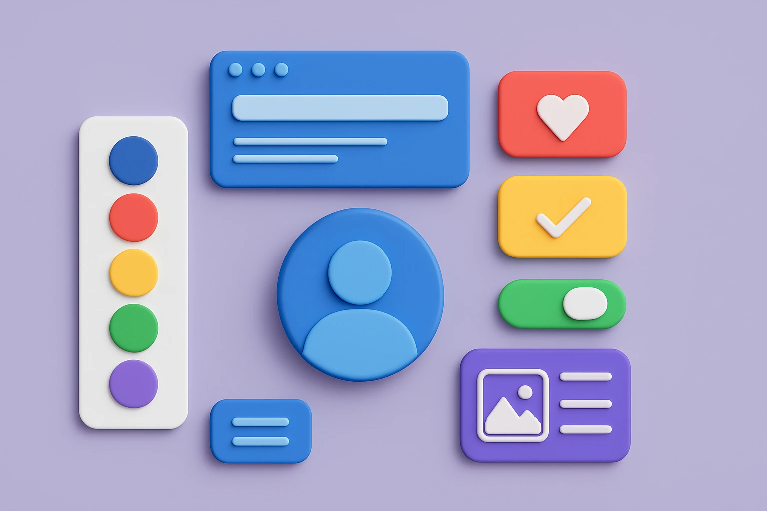 Creation by wordpressive: The digital illustration showcases various UI elements arranged on a lavender background, with a prominent blue user icon at the center, featuring a simple person silhouette. Surrounding it are vibrant buttons in red, yellow, and green, a color palette card with gradient hues, and a blue UI window, all presented with a clean, modern design and soft shadows for a polished, balanced composition.