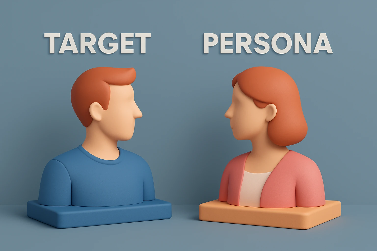 Creation by wordpressive: This 3D-rendered digital illustration showcases two stylized human busts on separate pedestals, set against a muted blue backdrop. On the left, the "TARGET" bust features a male figure with red-orange hair and a blue shirt, while the "PERSONA" bust on the right depicts a female figure with reddish-orange hair and a pink shirt, each with clean, defined features and complementary color-coordinated pedestals.