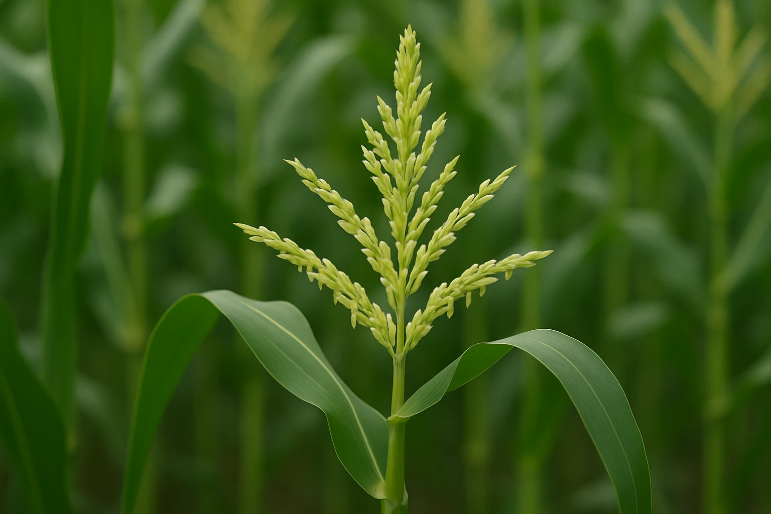 Creation by lad0305: This photograph offers a detailed view of a corn plant, focusing on the tassel, the male flower of the plant, which is releasing pollen and sitting atop a sturdy green stem. In the foreground, glossy, lanceolate leaves frame the scene, with a soft, blurred background of additional corn plants creating depth and richness in the overall green composition.