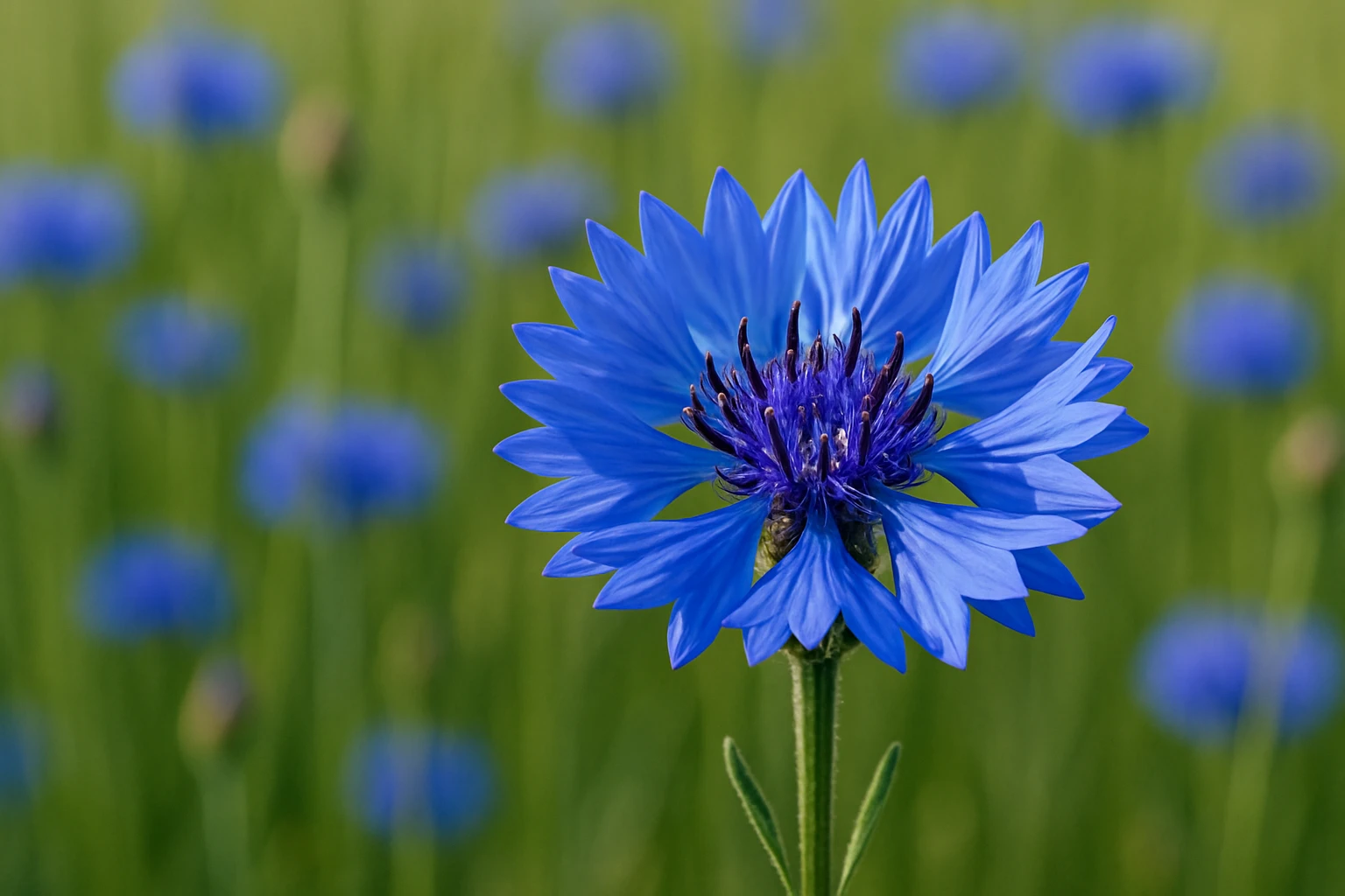 Creation by lad0305: A vivid photograph showcases a cornflower in full bloom, its vibrant blue petals radiating outward from a dense, dark thistle-like core. Surrounded by a hazy meadow of gently blurred cornflowers and grasses, the image captures a harmonious mix of cool blues, green grasses, and warm sunlight, with the focus clearly highlighting the intricate details of the main cornflower against a peaceful natural backdrop.