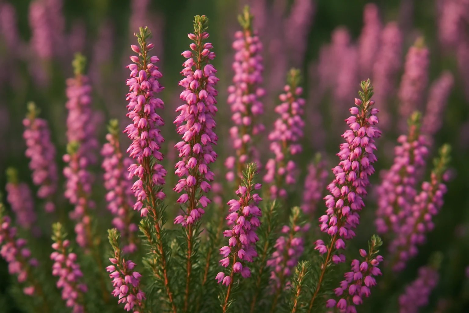 Creation by lad0305: This close-up photo reveals Erica, or heath, plants in full bloom, with slender pink bell-shaped flowers that transition into white at the base, clustered along tall, woody stems. The sharp focus on the vivid pink flowers and deep green, needle-like foliage contrasts beautifully with the soft, blurred background of more blossoms, creating a striking, balanced composition illuminated by soft, natural light.