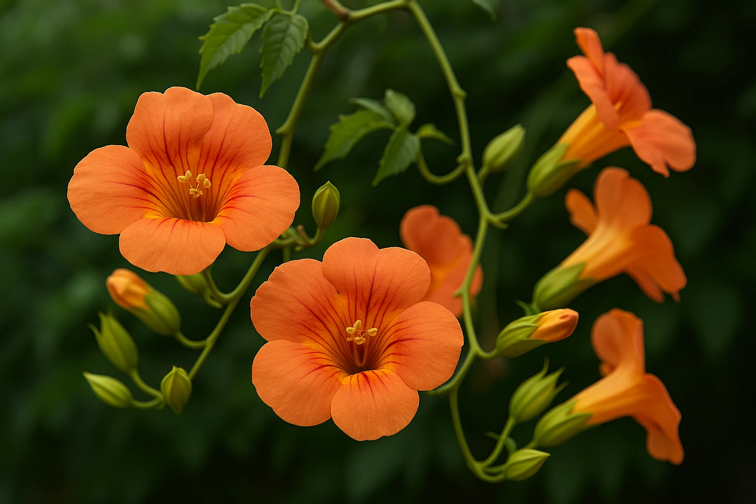 Creation by lad0305: This vibrant image showcases a cluster of orange trumpet-shaped Campsis flowers in full bloom, their petals gracefully transitioning from deep orange to a soft, golden edge. Against a blurred green backdrop, the flowers' velvety texture and intricate details—such as the reddish-brown throat, pale yellow pistil, and pollen-filled stamens—stand out, while glossy, serrated leaves frame the scene in a gentle, diffused light.