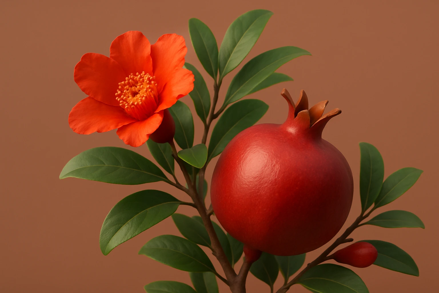 Creation by 워드프레시브: This digital image vividly captures a pomegranate plant with a vibrant flower and ripe fruit against a terracotta backdrop. The rich red-orange bloom, with its velvety petals, contrasts beautifully with the glossy red fruit, while green leaves and a smaller bud add to the lively scene, all bathed in soft natural light for an exquisite, harmonious composition.