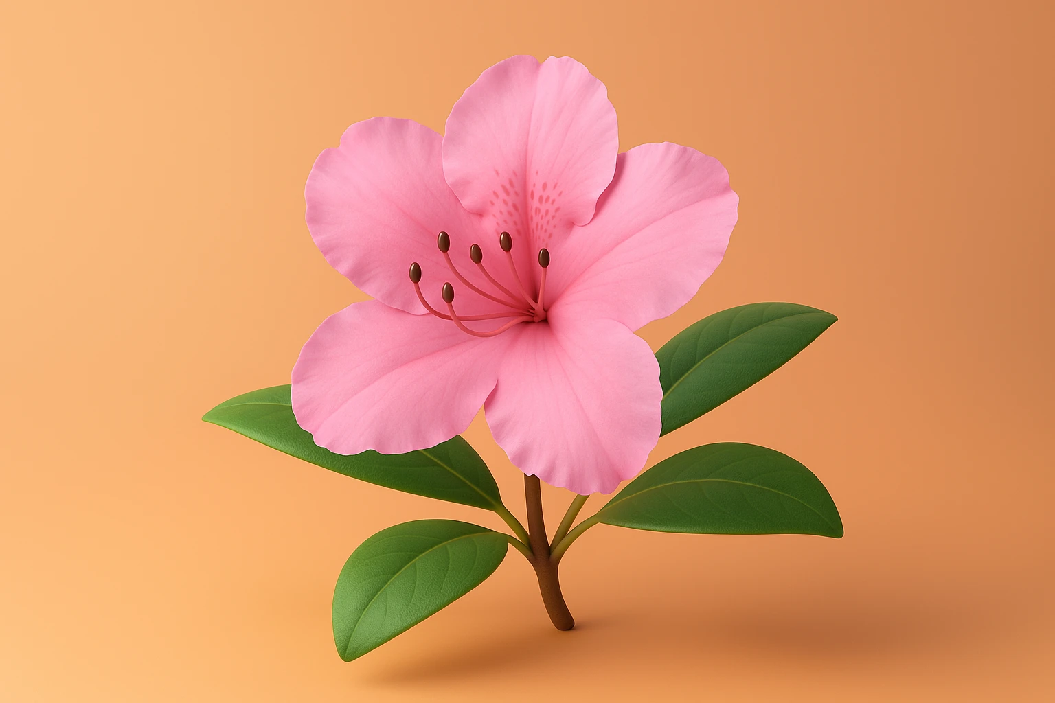Creation by 워드프레시브: This stunning 3D rendering of a pink rhododendron features soft pink petals with a gradient that deepens at the edges, gently curling and revealing subtle vein details. The delicate stamens stretch outward from a pale pistil, framed by smooth green leaves, set against a warm peachy-orange backdrop that creates a beautiful contrast, enhancing the flower's intricate beauty.