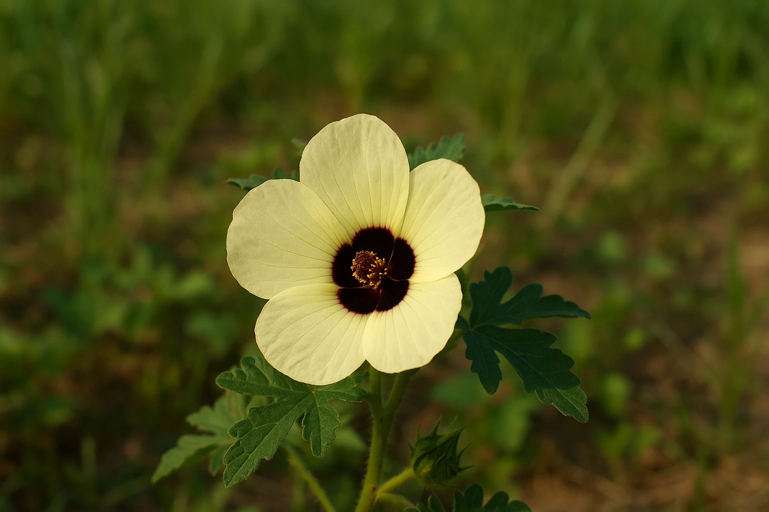 Creation by lad0305: The image features a close-up of a Hibiscus trionum, or flower-of-an-hour, in full bloom, with its soft yellow petals gently overlapping around a deep burgundy center. Against a blurred natural background of green foliage, the image highlights the flower's delicate details, including its bright yellow stamens, pointed sepals, and textured leaves, all bathed in soft, diffused light.