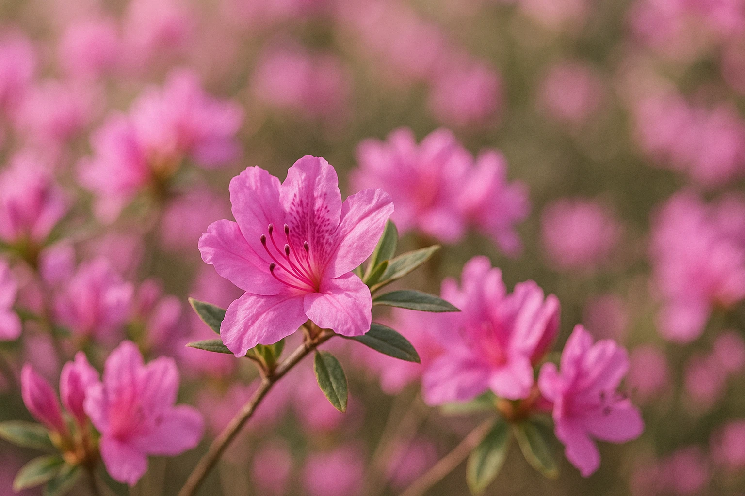 Creation by lad0305: This photograph showcases a blooming pink azalea in soft, natural light, with a sharp focus on a single magenta blossom in the foreground. Its velvety petals, adorned with darker pink veins and speckles, stand out against a blurred backdrop of surrounding azaleas and green foliage, creating a striking contrast of vibrant pinks and lush greens