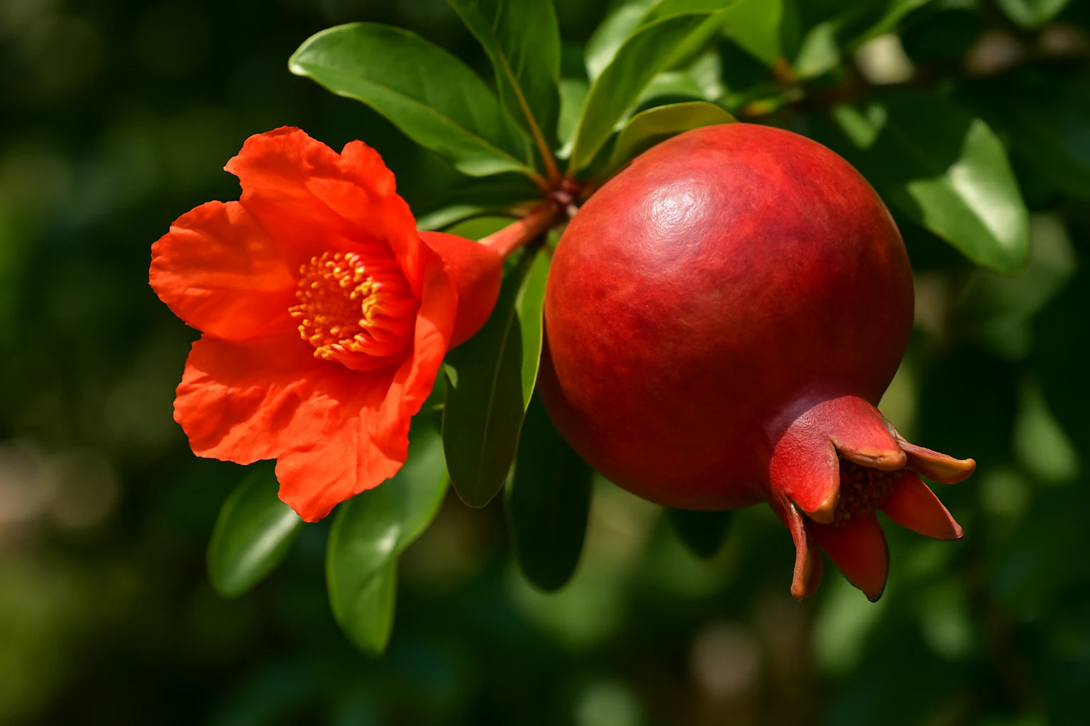 Creation by lad0305: This stunning close-up photo showcases a vivid pomegranate flower in full bloom, with its striking red-orange petals curling slightly to reveal bright yellow stamens, all set beside a ripe pomegranate fruit hanging on the same branch. The lush green leaves frame the scene, with sunlight filtering through, casting a beautiful interplay of light and shadows across the vibrant reds of the flower and fruit against the soft, blurred background