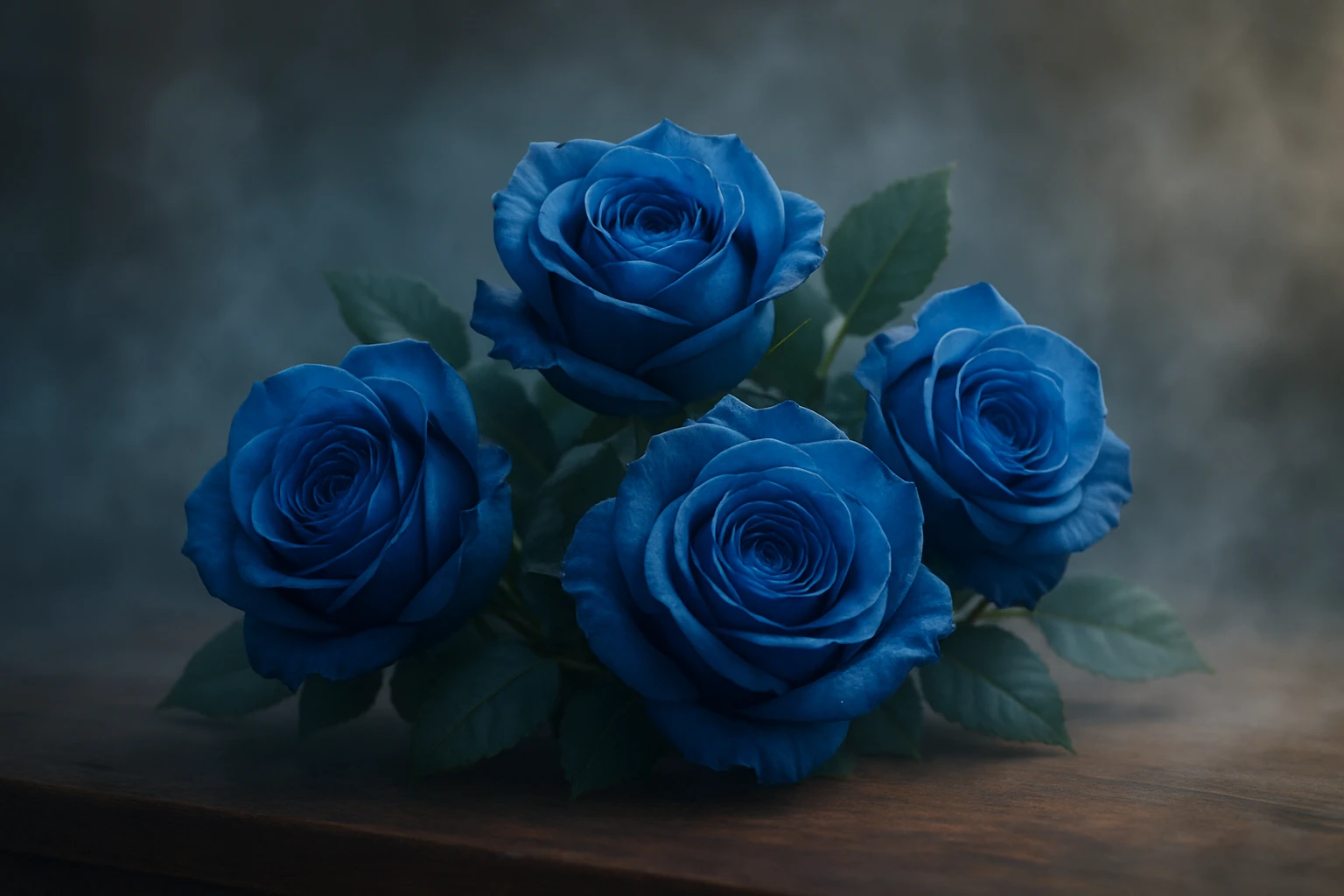 Creation by 워드프레시브: 3D graphic design of a realistic blue rose bouquet in soft natural lighting, surrounded by a gentle mist, placed on a wooden table, depth of field effect, elegant and romantic atmosphere, horizontal layout, no text in image
