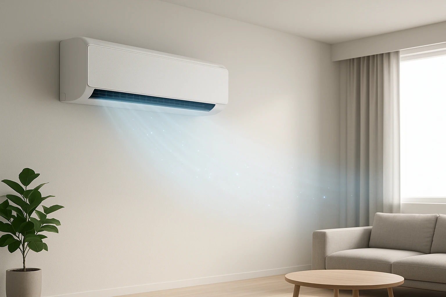Creation by wordpressive: A 3D graphic design of a modern bladeless air conditioner mounted on a wall, softly dispersing cool air in a spacious living room, subtle glowing particles to represent gentle airflow, minimalist interior, horizontal layout, no text in the image.