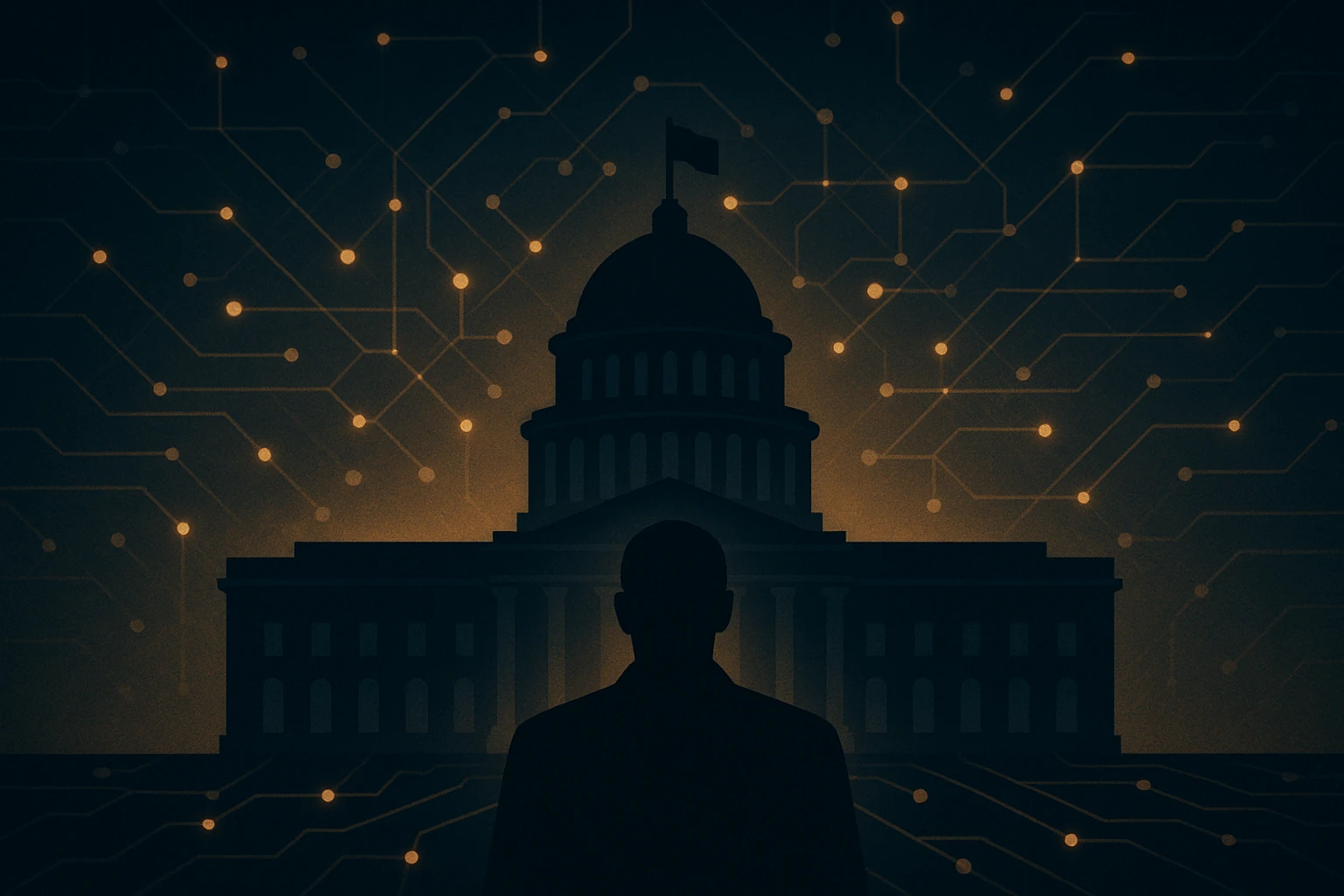 Creation by wordpressive: In this digital illustration, a neoclassical government building with a central dome and flagpole stands stark against a glowing network of interconnected nodes and lines, creating a symbolic contrast. A dark, silhouetted figure faces the structure, framed by the ethereal glow of the circuit-like background, as shades of blue, orange, and gold interplay to imbue the scene with both mystery and depth.