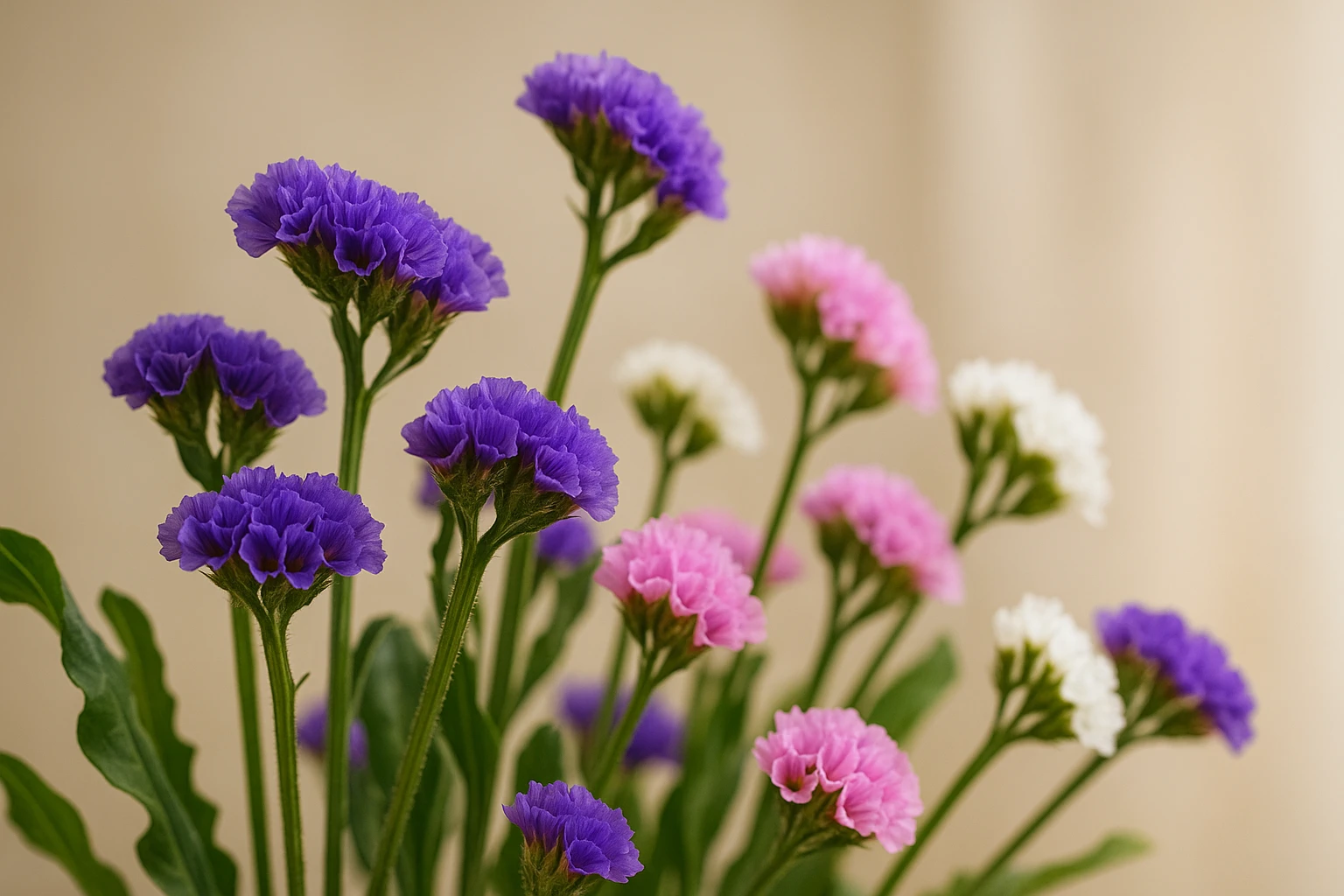 Creation by lad0305: This close-up image showcases a vibrant bouquet of Limonium sinuatum, or statice, with rich purple flowers at the forefront, complemented by soft pink and white blooms and lush green foliage. The delicate, papery petals of the flowers contrast beautifully against the warm, blurred beige and cream background, with soft, natural lighting emphasizing the intricate textures and shapes of the flowers and leaves.
