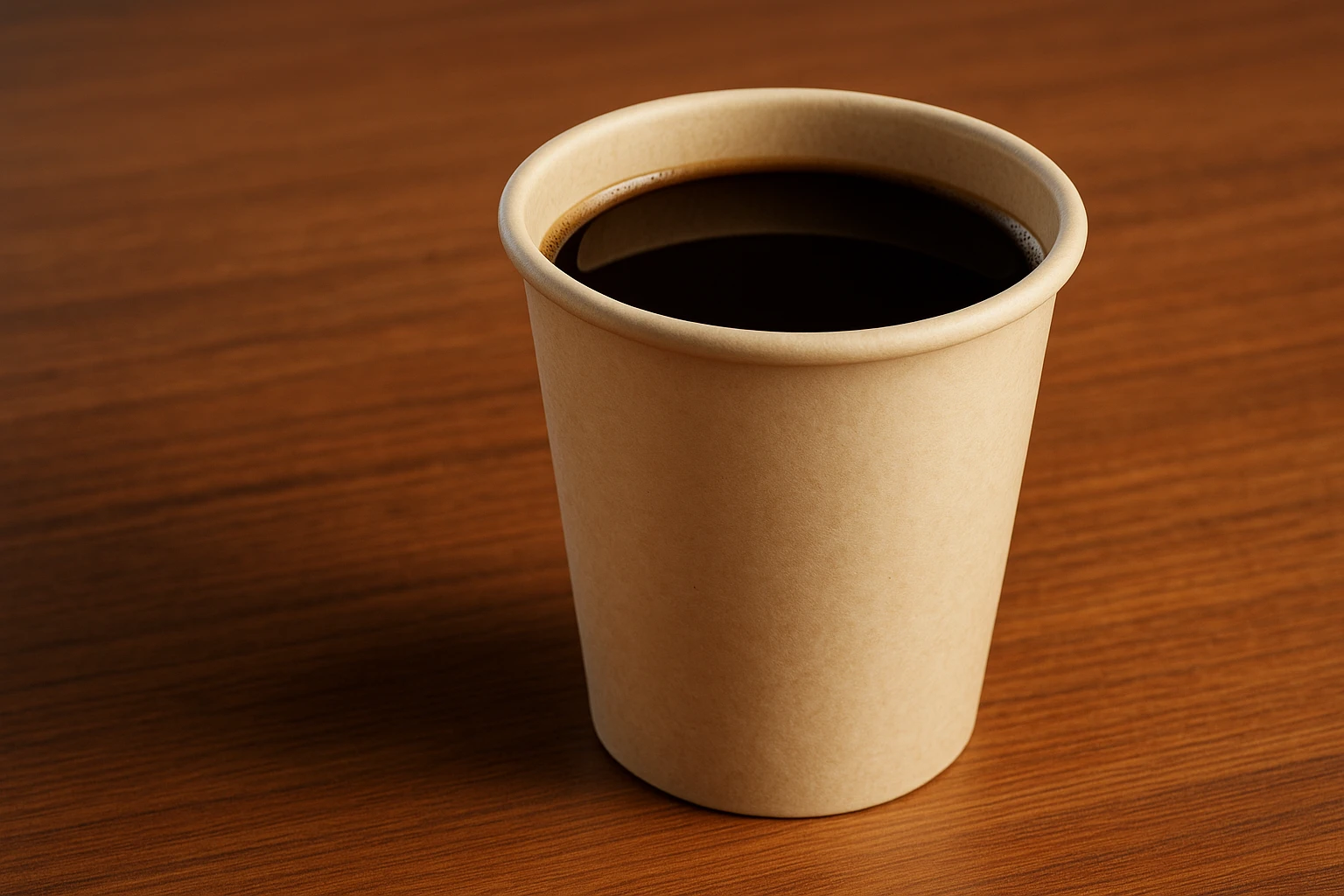 Creation by 워드프레시브: A realistic 3D graphic design of a paper cup filled with coffee, focusing on the rolled rim detail without cutting examples, showing its smooth curvature and structural strength, placed on a wooden table with warm lighting, horizontal layout, 1168x768.