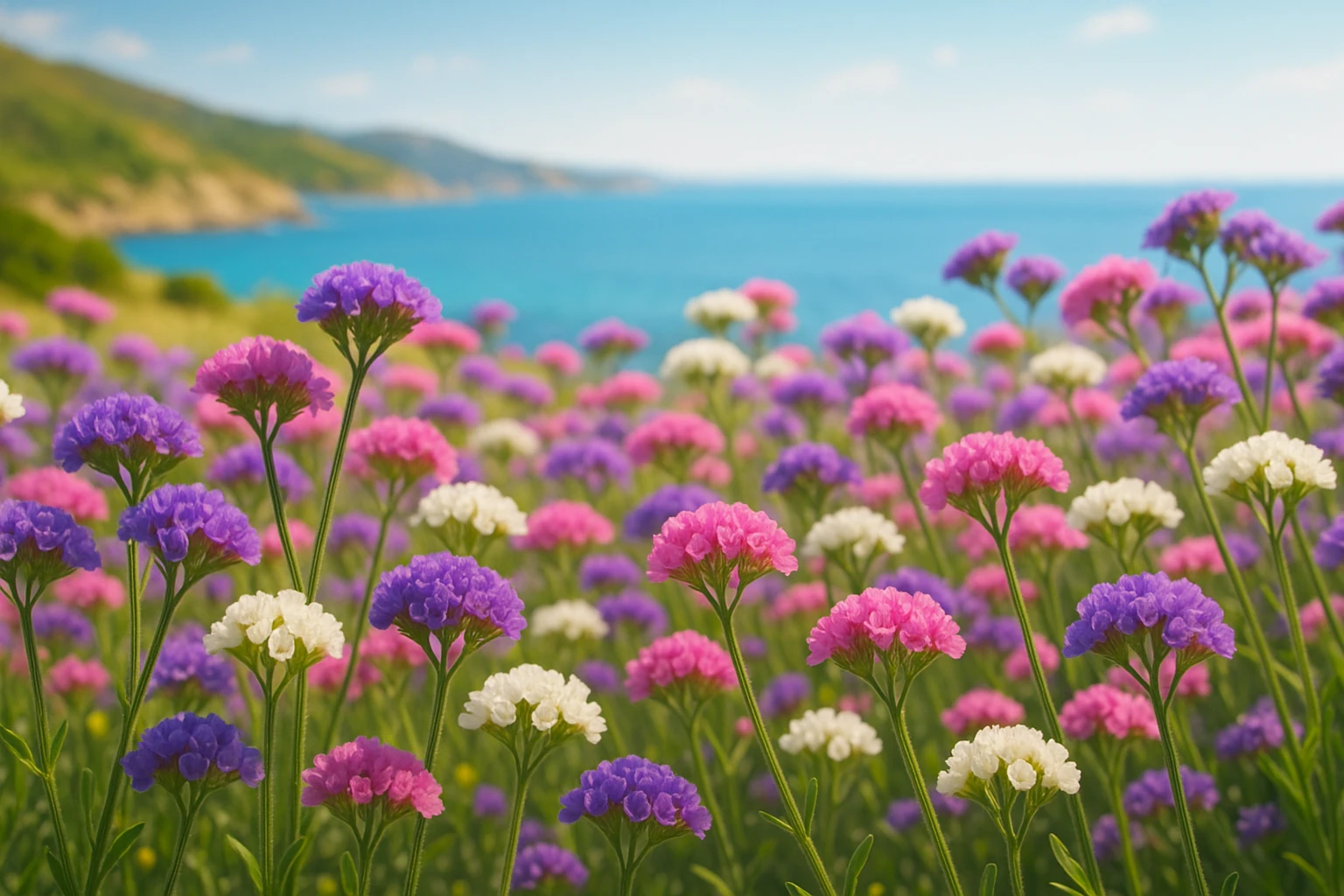 Creation by 워드프레시브: A wide horizontal 3D graphic design of colorful statice flowers in full bloom, showing purple, pink, and white varieties in a sunlit meadow, with a bright Mediterranean coastal background, 1168x768, no text, realistic yet slightly stylized.