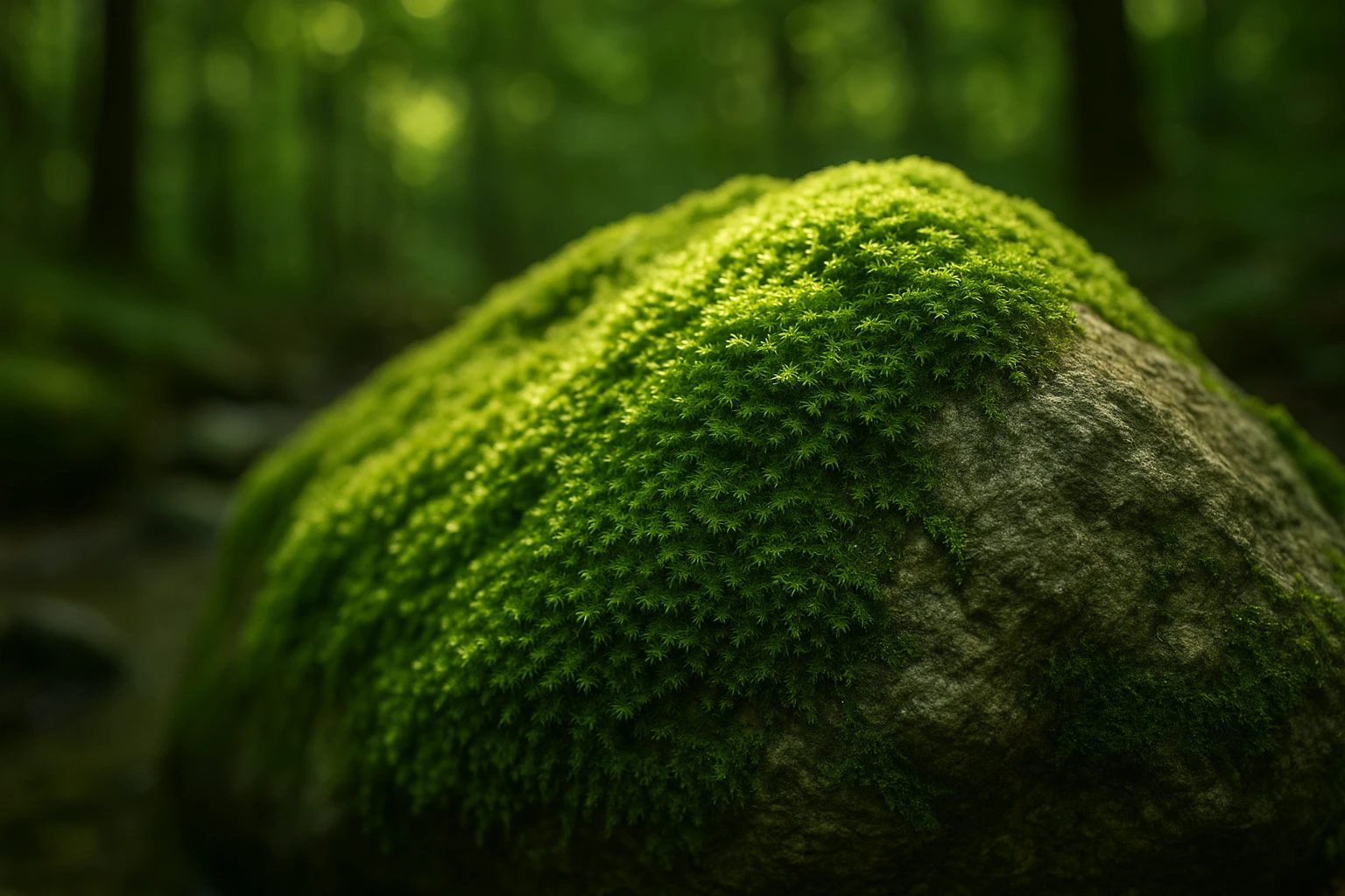 Creation by lad0305: This high-resolution photograph showcases a close-up of a moss-clad rock nestled in a vibrant, sunlit forest. The textured rock, adorned with dense, star-shaped moss in vivid greens, stands out against the soft, blurred background of trees and forest floor, illuminated by filtered sunlight that accentuates the intricate details.