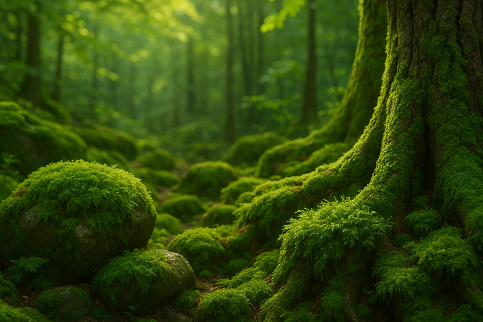 Creation by wordpressive: A lush 3D graphic design of vibrant green moss growing on rocks and tree trunks in a serene forest, soft sunlight filtering through leaves, detailed textures, horizontal layout, 1168x768, no text in the image.