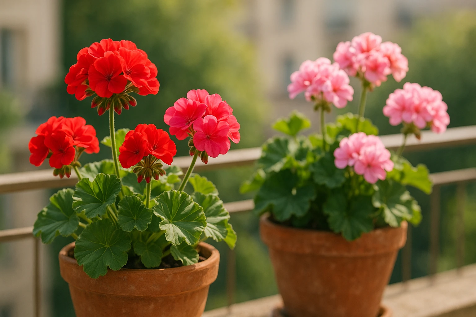 Creation by lad0305: Realistic botanical photography, Horizontal Layout, of vibrant red and pink geranium flowers in full bloom, placed in rustic terracotta pots on a sunlit balcony, soft natural daylight, shallow depth of field, ultra-detailed petals and lush green leaves, high resolution, realistic texture, photorealistic style