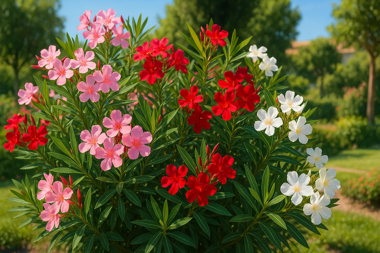 Creation by lad0305: Vivid horizontal landscape of Nerium oleander in full bloom, showing pink, red, and white flowers among lush green leaves, bright Mediterranean sunlight, decorative garden background, high detail, realistic style