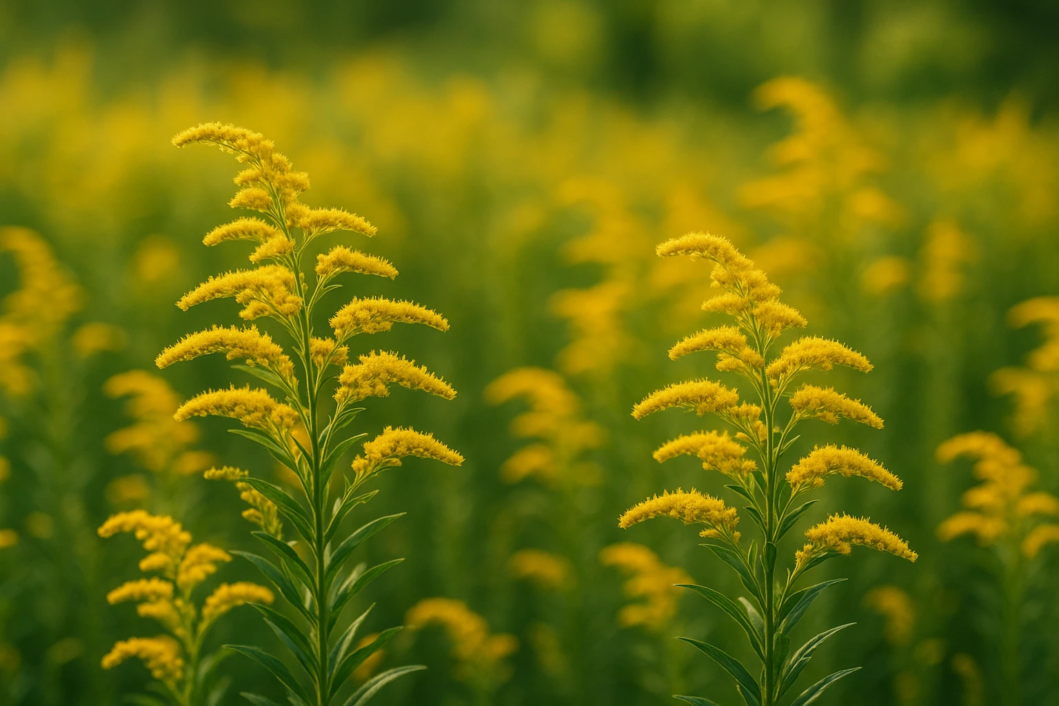 Creation by lad0305: Late summer goldenrod flowers in full bloom, tall green stems lined with clusters of bright yellow blossoms swaying in the breeze, set in a sunlit meadow with a soft focus background, realistic photography, horizontal composition