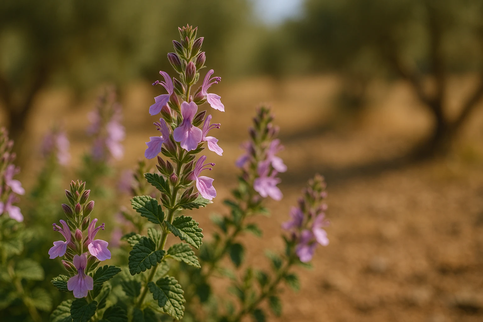 Creation by lad0305: A high-resolution, realistic photograph of Wall Germander (Teucrium chamaedrys) in full bloom, showing delicate light purple and pink flowers with serrated green leaves, set in a Mediterranean garden during late summer. Natural sunlight, shallow depth of field, and a slightly dry, earthy background emphasize both the ornamental beauty and traditional medicinal use of the plant. No text. horizontal layout.