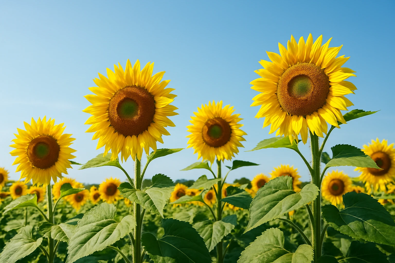 Creation by lad0305: A horizontal layout image of a vibrant sunflower field under a clear summer sky, with tall sunflowers in full bloom, facing the sun, surrounded by lush green leaves. No text.