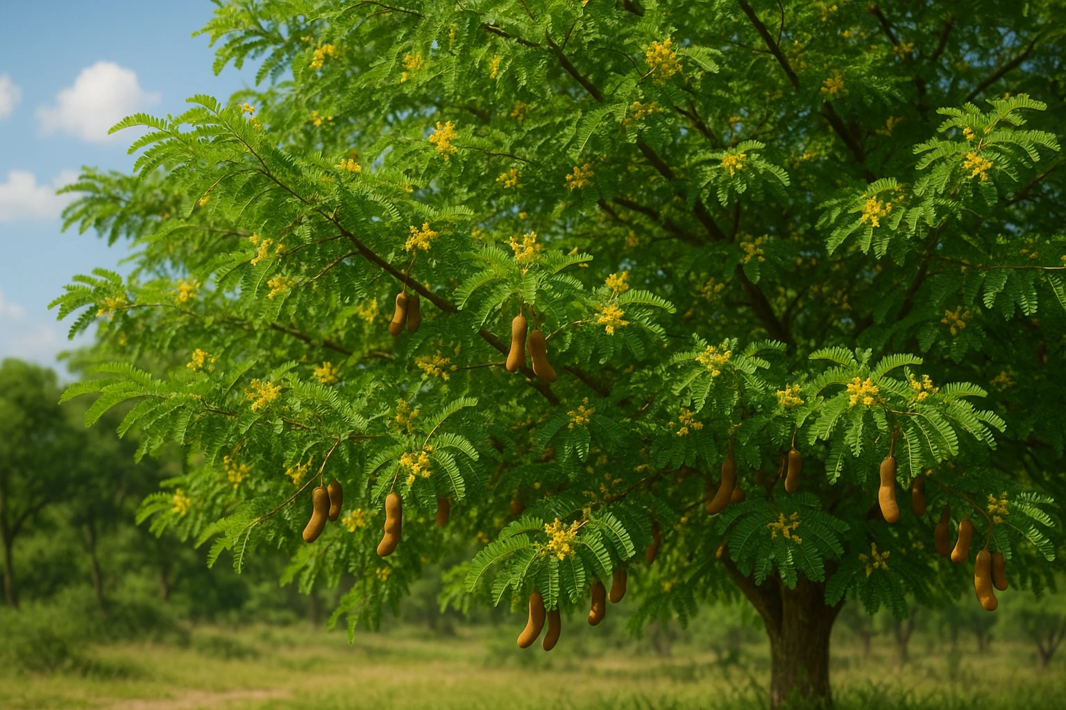 Creation by lad0305: A horizontal layout image of a tamarind tree with lush green leaves and hanging brown pods, under a bright tropical sky, with yellow flowers blooming subtly across the branches, set in a serene natural landscape.