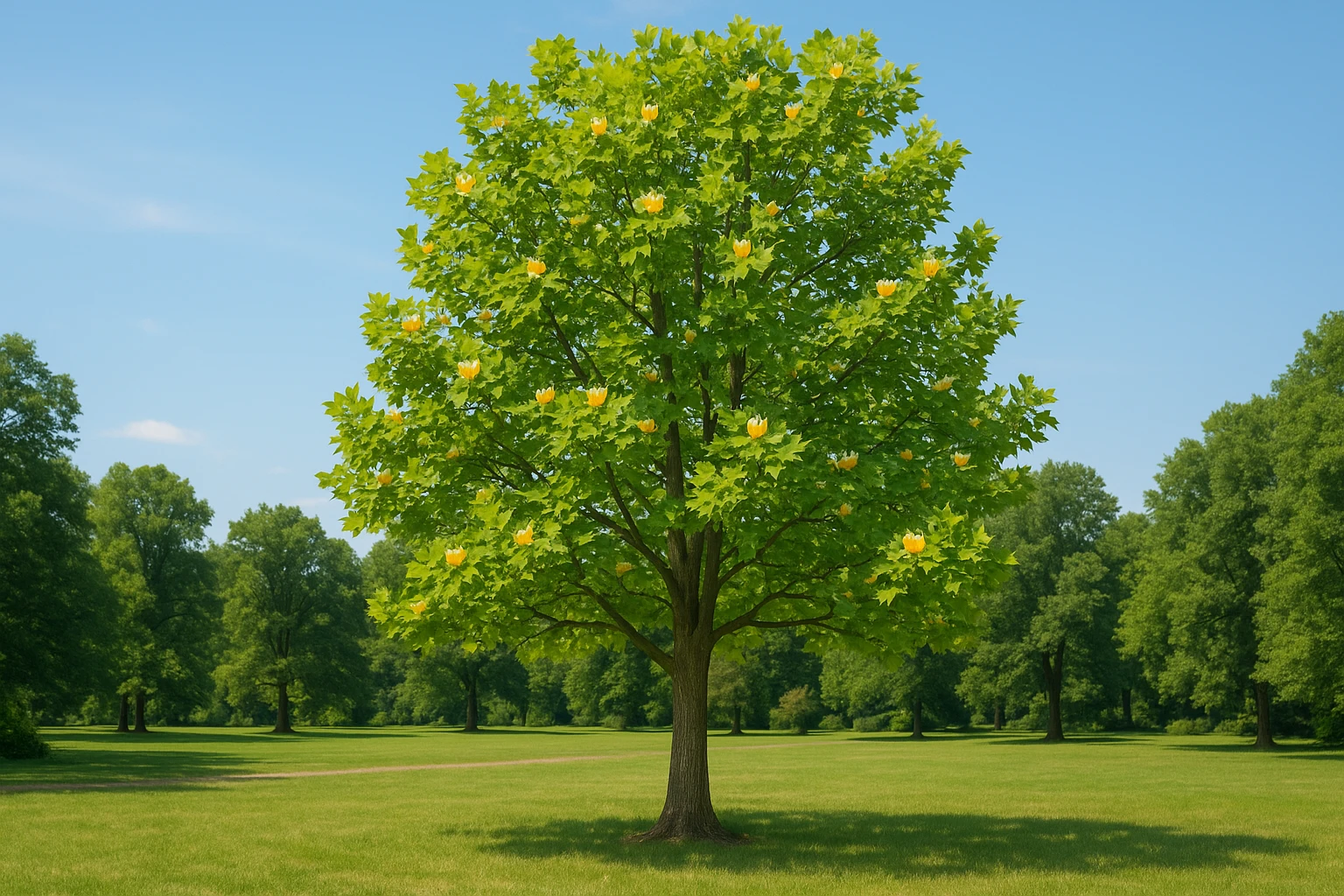 Creation by lad0305: A tall Liriodendron tulipifera (tulip tree) with light green leaves and tulip-shaped yellow-orange flowers, standing in a park-like setting on a sunny summer day, horizontal layout, no text