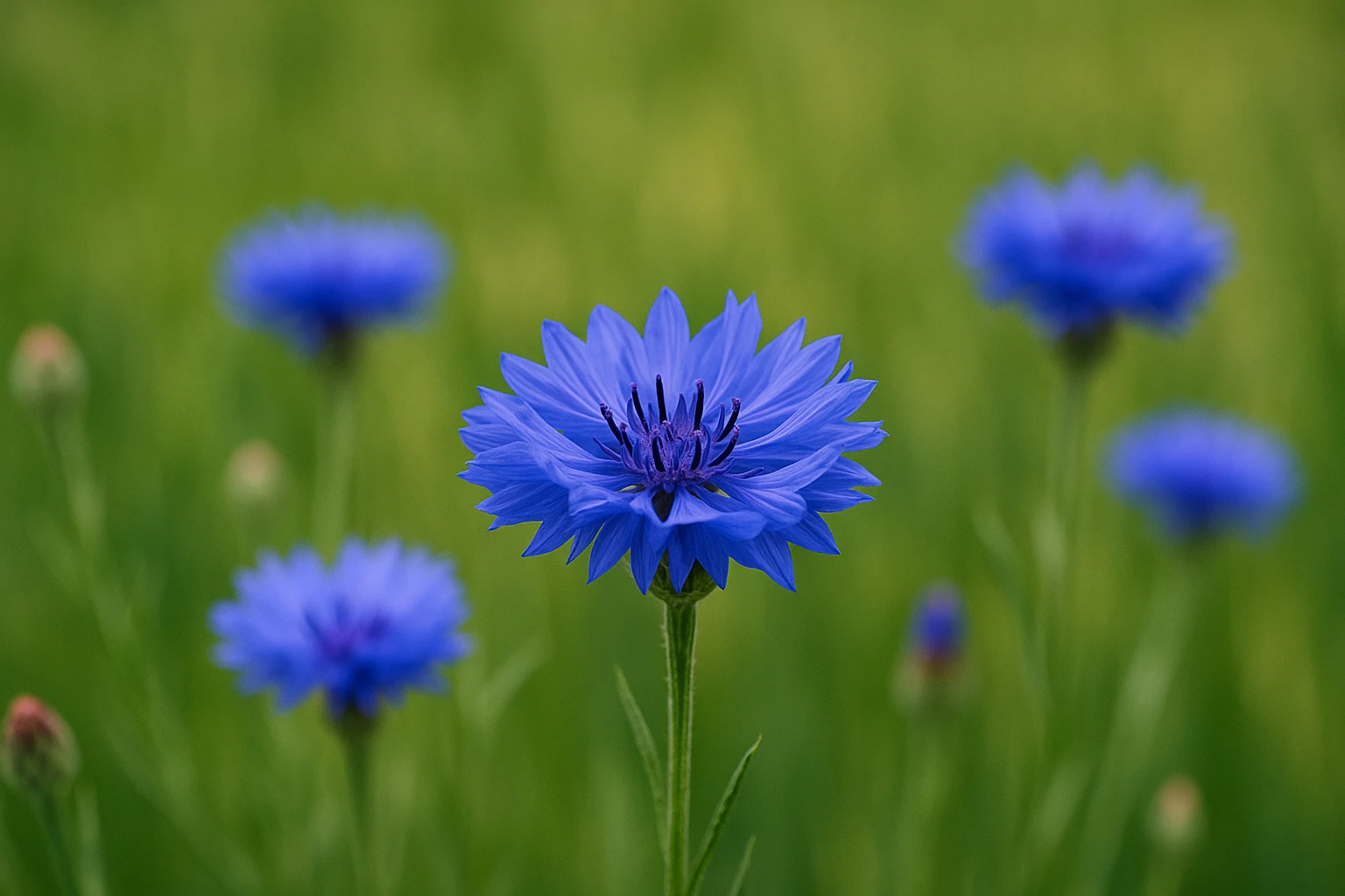 Creation by leesung: This close-up photograph showcases vibrant blue cornflowers (Centaurea cyanus) in full bloom, with the focal point being one striking flower surrounded by others at different stages of bloom. The soft, natural lighting and shallow depth of field bring the petals' intricate details into sharp focus, while the blurred green background creates a serene, garden-like atmosphere.