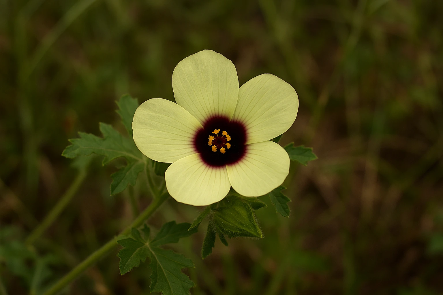 Creation by leesung: The image features a close-up of a Hibiscus trionum, or flower-of-an-hour, in full bloom, with its soft yellow petals gently overlapping around a deep burgundy center. Against a blurred natural background of green foliage, the image highlights the flower's delicate details, including its bright yellow stamens, pointed sepals, and textured leaves, all bathed in soft, diffused light.