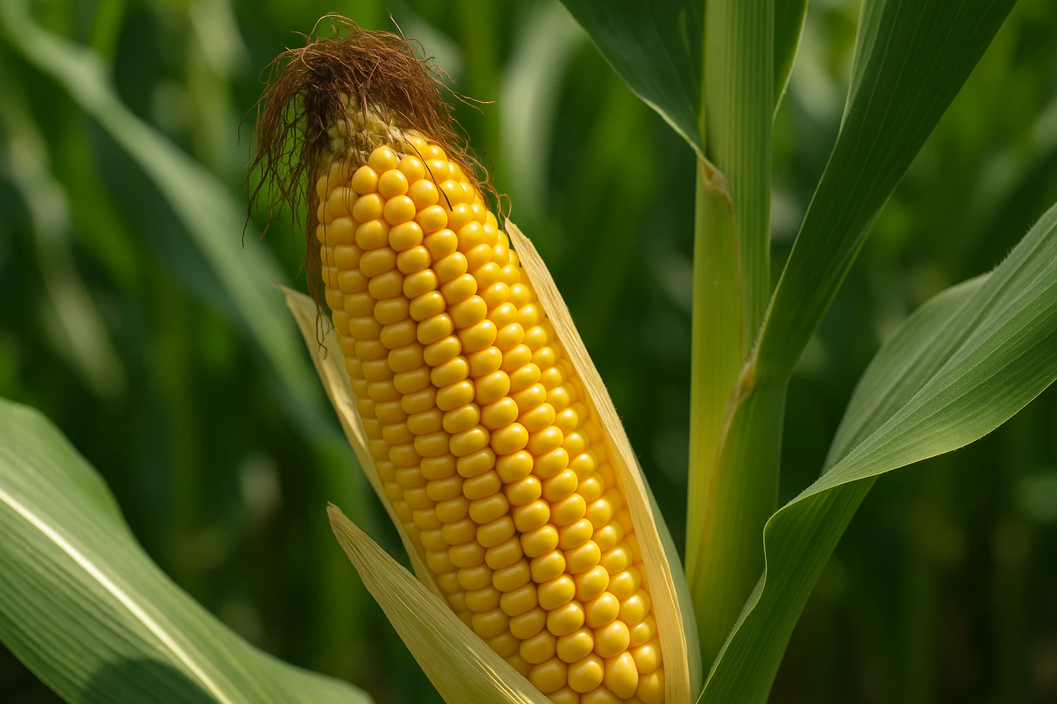 Creation by leesung: A close-up photograph captures a vibrant ear of corn in natural sunlight, with its golden-yellow kernels arranged neatly across the cob, reflecting light in smooth, glossy formations. The image highlights the cob’s fibrous, slightly untidy silk and its contrasting pale green husks, set against a backdrop of blurred green corn leaves, all bathed in warm, natural light.