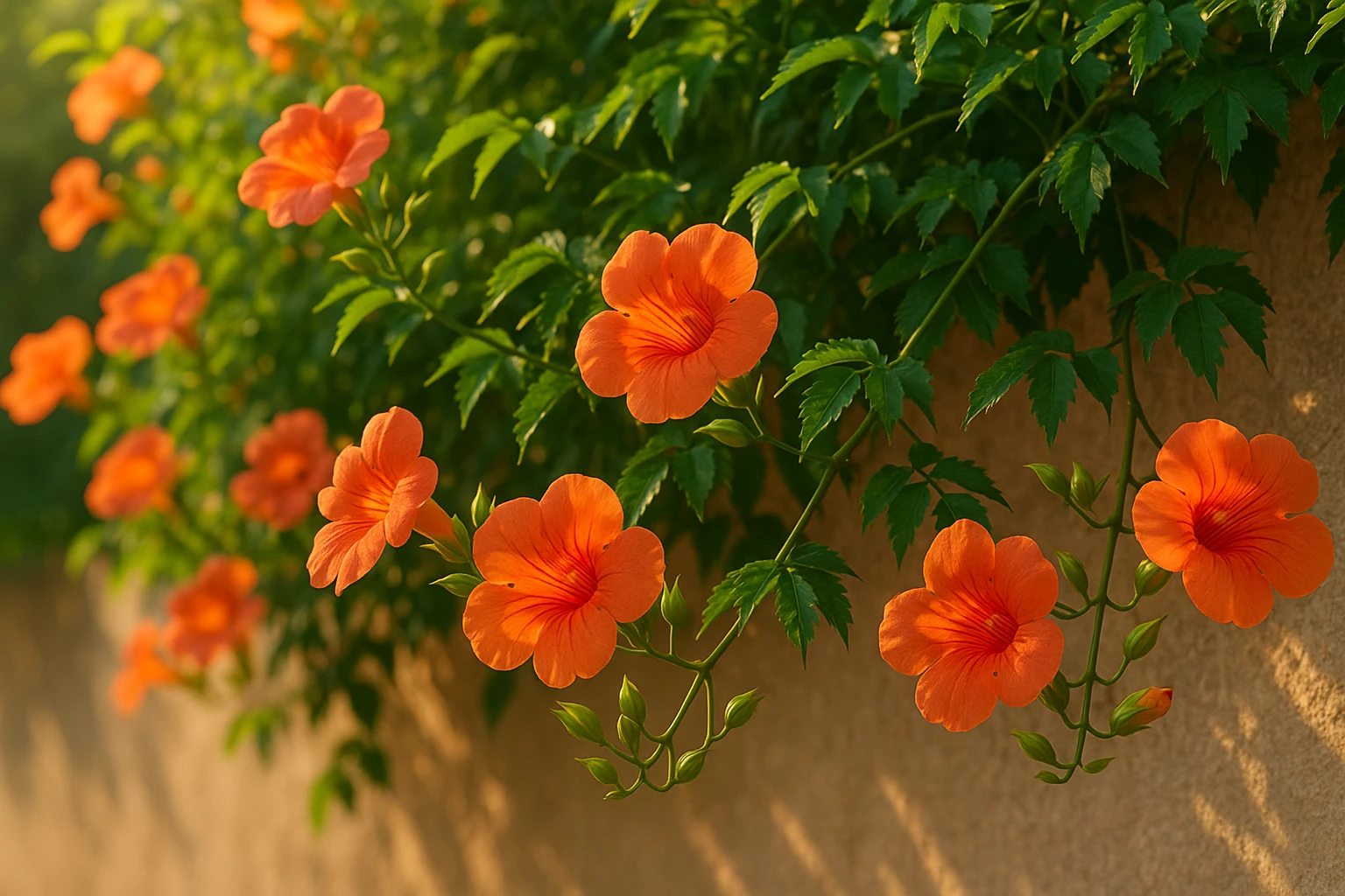 Creation by leesung: Orange trumpet creeper flowers in full bloom on a sunny summer wall, lush green leaves, warm golden light, soft shadows, horizontal layout