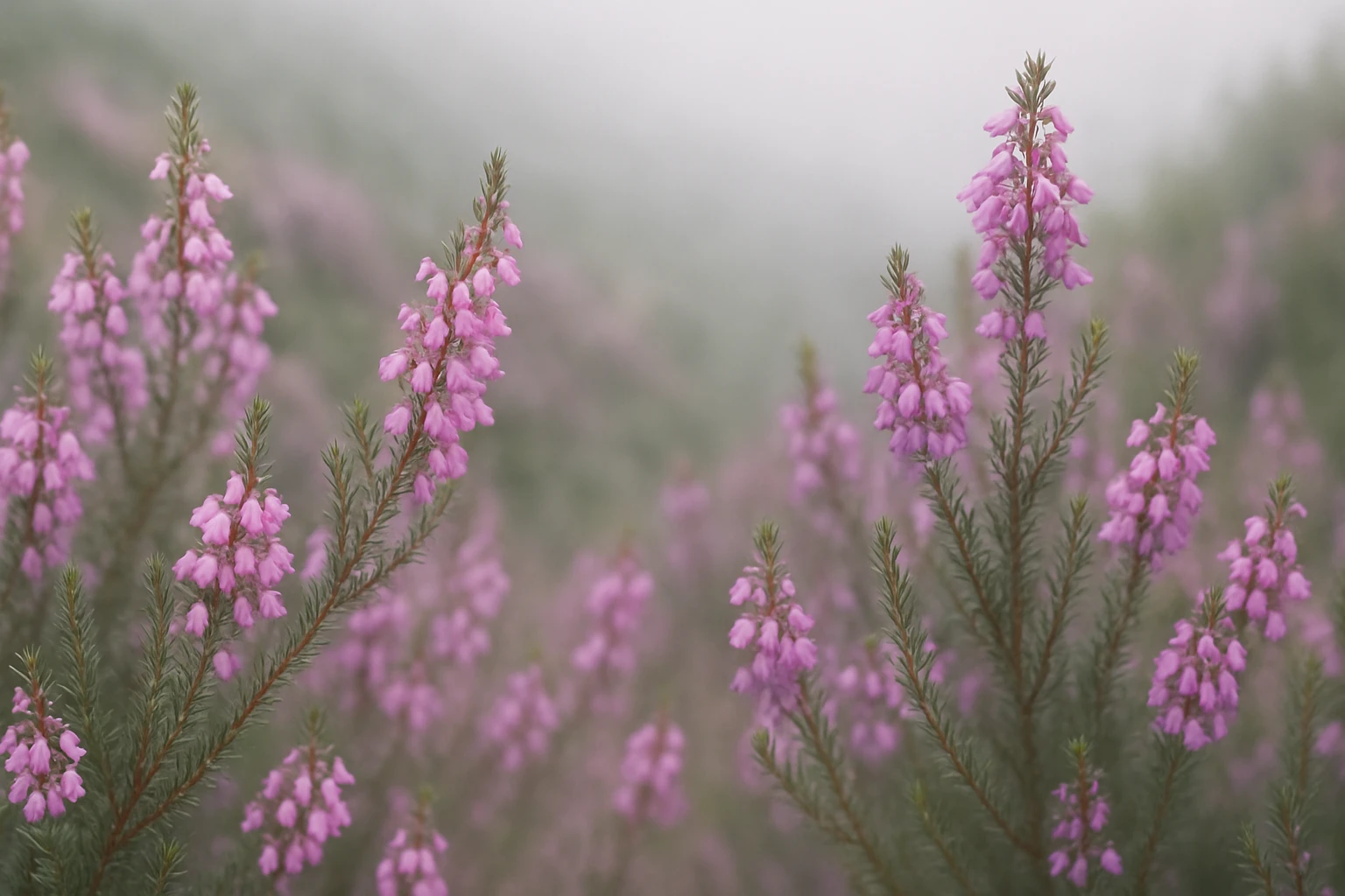 Creation by leesung: A close-up view of Erica (heath) flowers blooming on a misty hillside, soft pink and purple tones, delicate needle-like leaves, horizontal layout, natural lighting, dreamy atmosphere