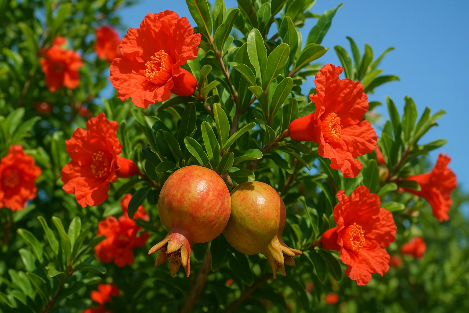 Creation by leesung: Realistic horizontal photo of a pomegranate tree in full bloom with vibrant red flowers and ripening fruits under a clear summer sky, surrounded by lush green leaves, high-resolution, natural lighting, photo-realistic, macro botanical photography style