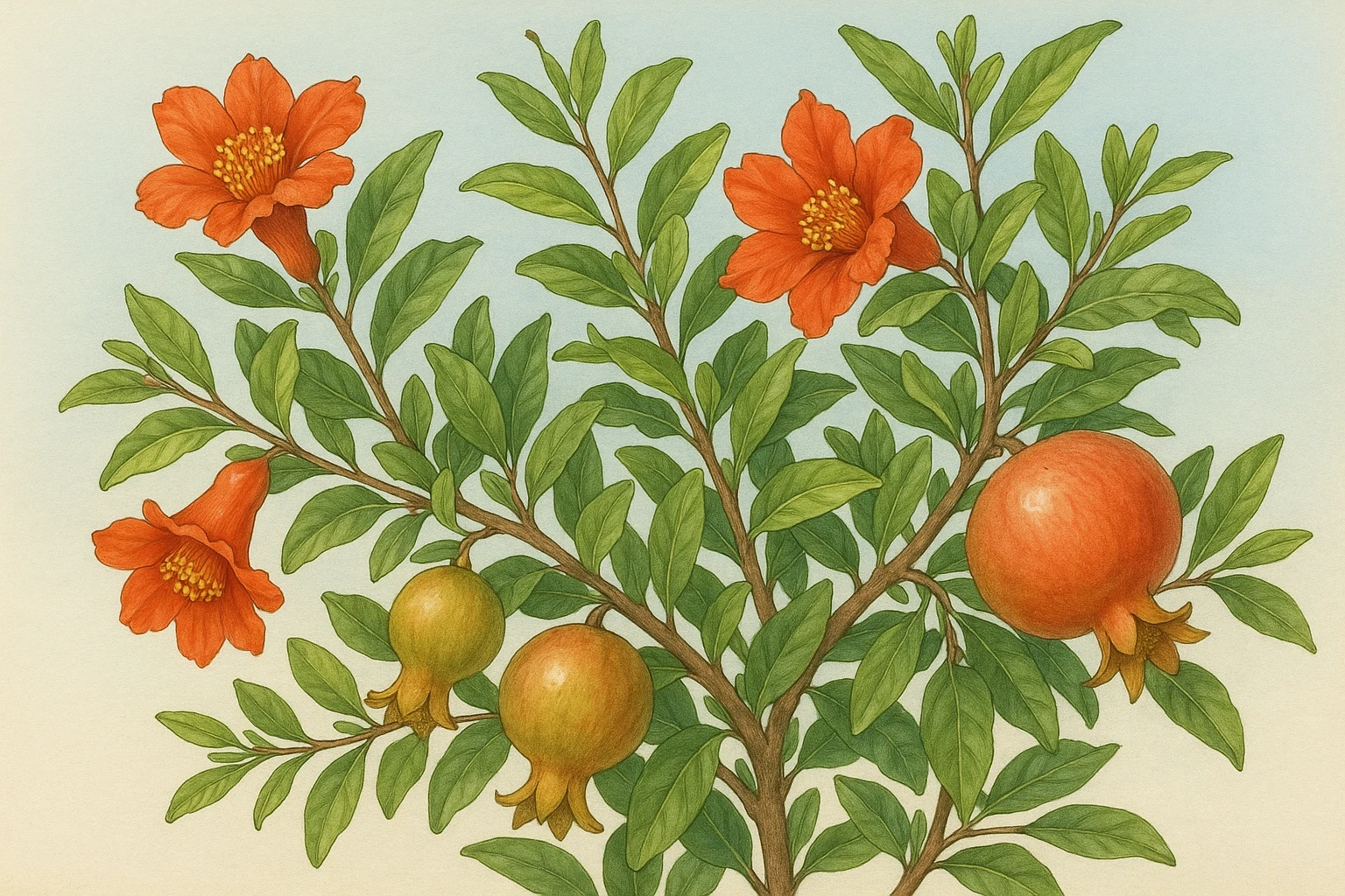 Creation by leesung: A horizontal layout of a pomegranate tree in full bloom with vibrant red flowers and ripening fruits under a clear summer sky, surrounded by lush green leaves – botanical illustration style
