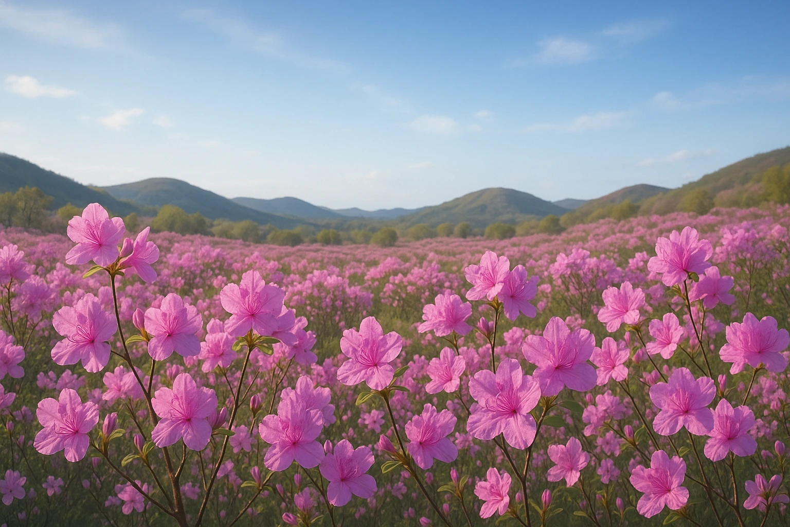 Creation by leesung: A field of blooming Rhododendron mucronulatum under soft sunlight, surrounded by gentle hills and a clear blue sky, spring atmosphere, horizontal layout, high detail, natural colors