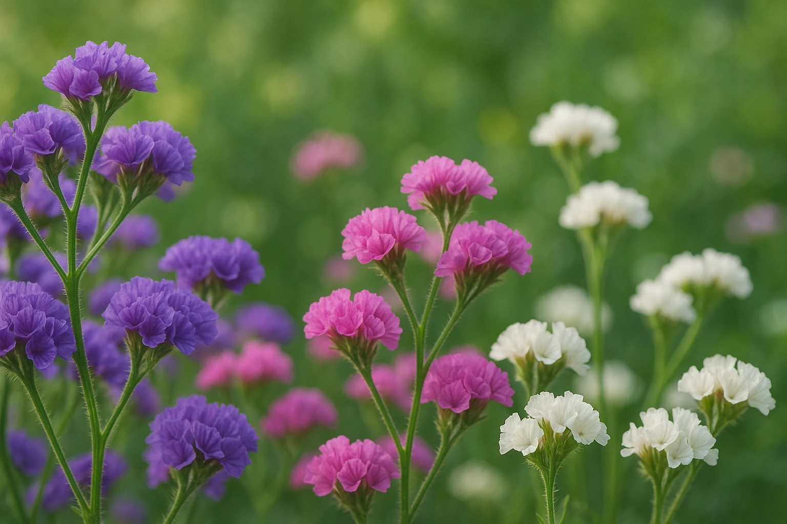 Creation by leesung: Horizontal layout, close-up of vibrant statice flowers in purple, pink, and white, in a soft natural light, detailed petals and textured stems, realistic botanical style, garden background