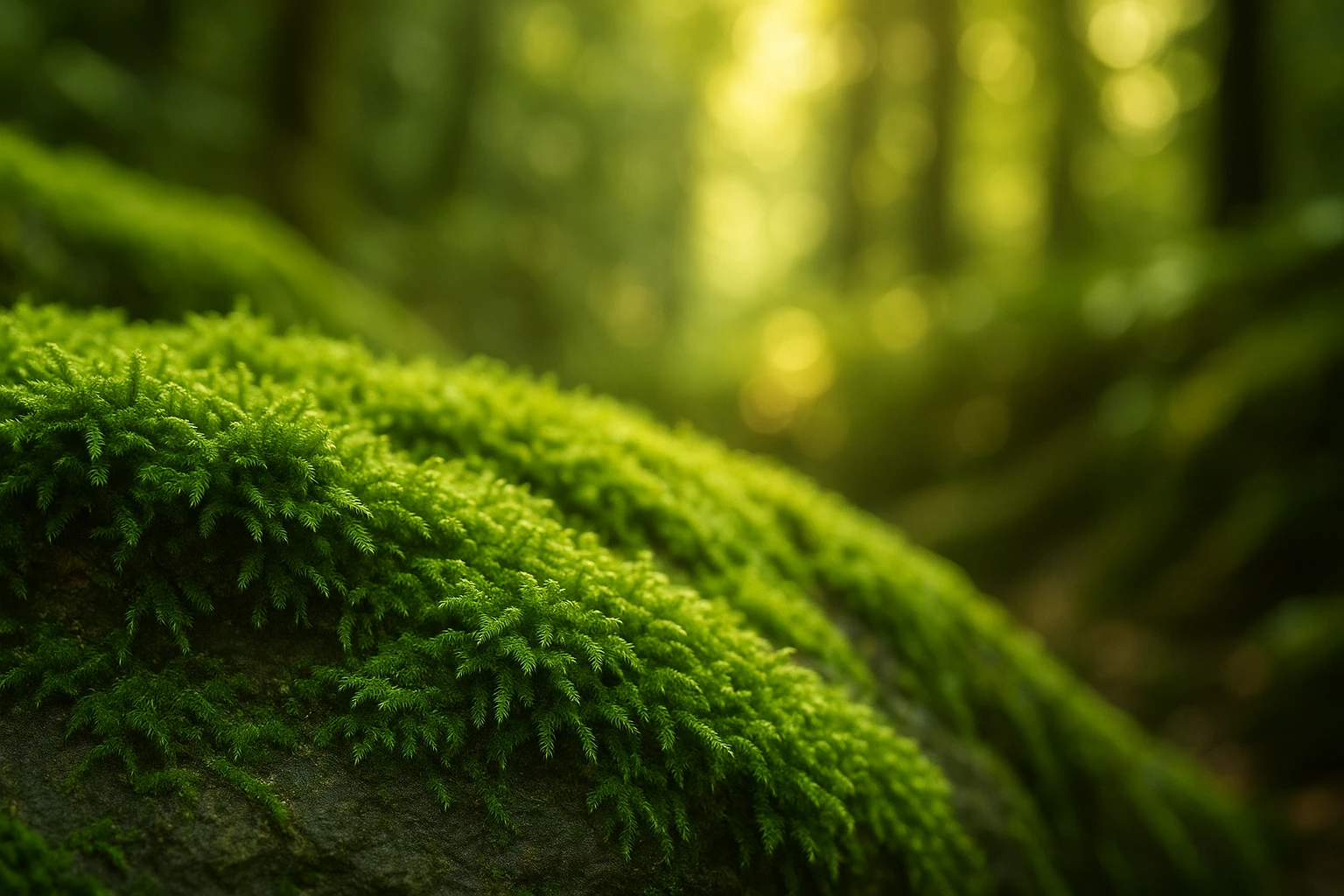 Creation by leesung: Horizontal layout, macro shot of vibrant green moss growing on a damp forest rock, soft sunlight filtering through trees, highly detailed texture, natural and serene atmosphere