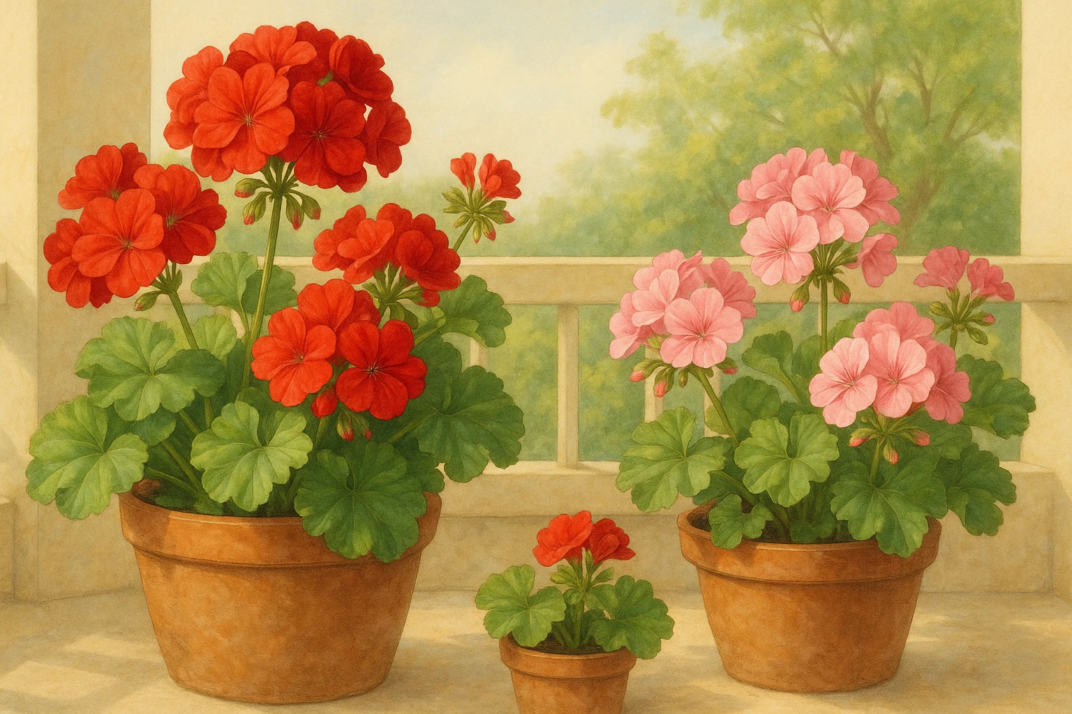 Creation by leesung: Horizontal layout, vibrant blooming red and pink geranium flowers in terracotta pots on a sunlit balcony, soft natural light, realistic botanical illustration, detailed petals and lush green leaves