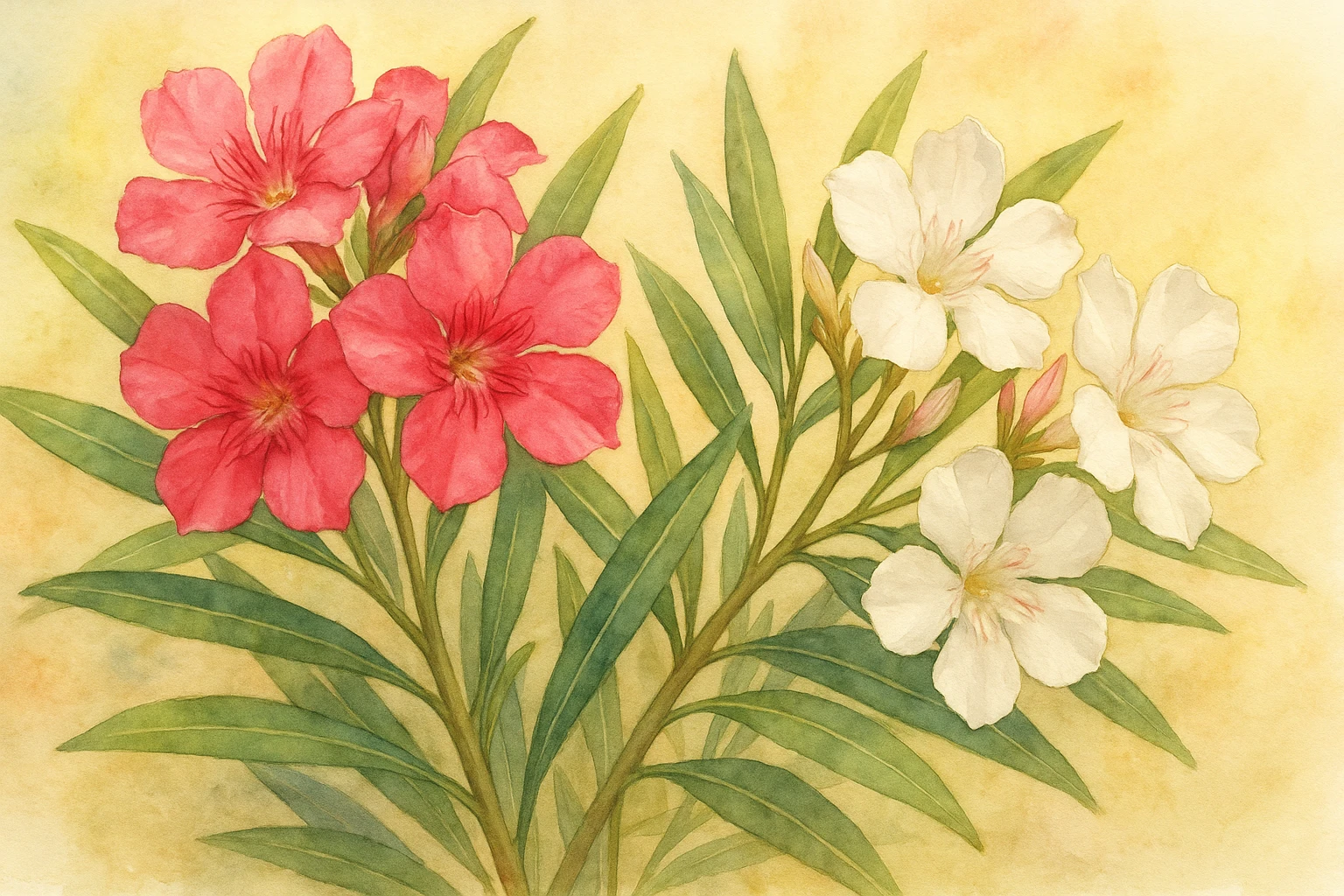 Creation by leesung: Horizontal layout, botanical illustration of Nerium oleander in full bloom, vibrant pink and white flowers, green lanceolate leaves, soft watercolor style, detailed floral anatomy, gentle background with warm summer light
