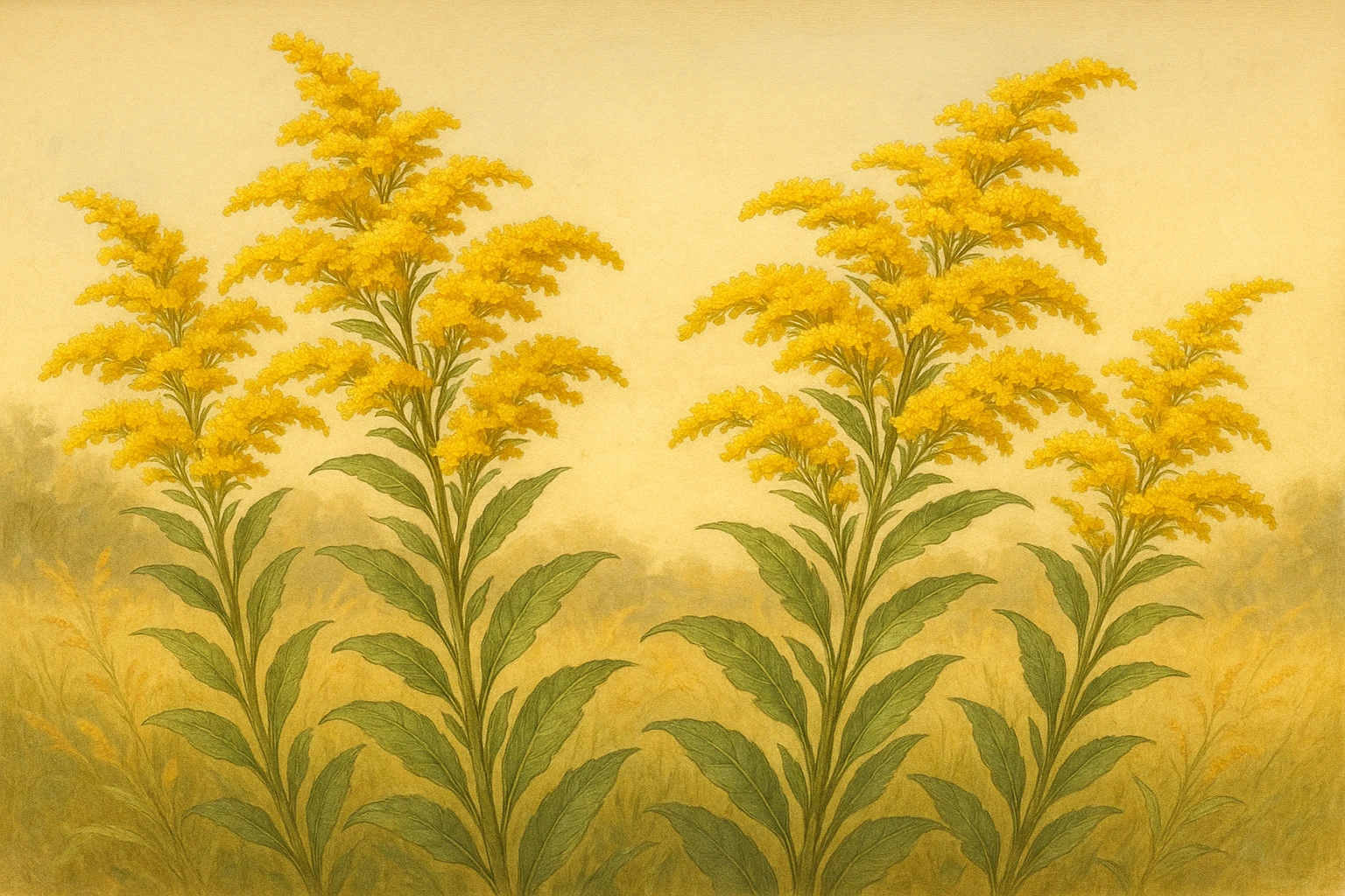 Creation by leesung: Horizontal layout, botanical illustration of Solidago canadensis (goldenrod) in full bloom, bright golden-yellow flower clusters swaying in the wind, detailed leaves and stems, warm late-summer meadow background, soft natural lighting, vintage botanical art style